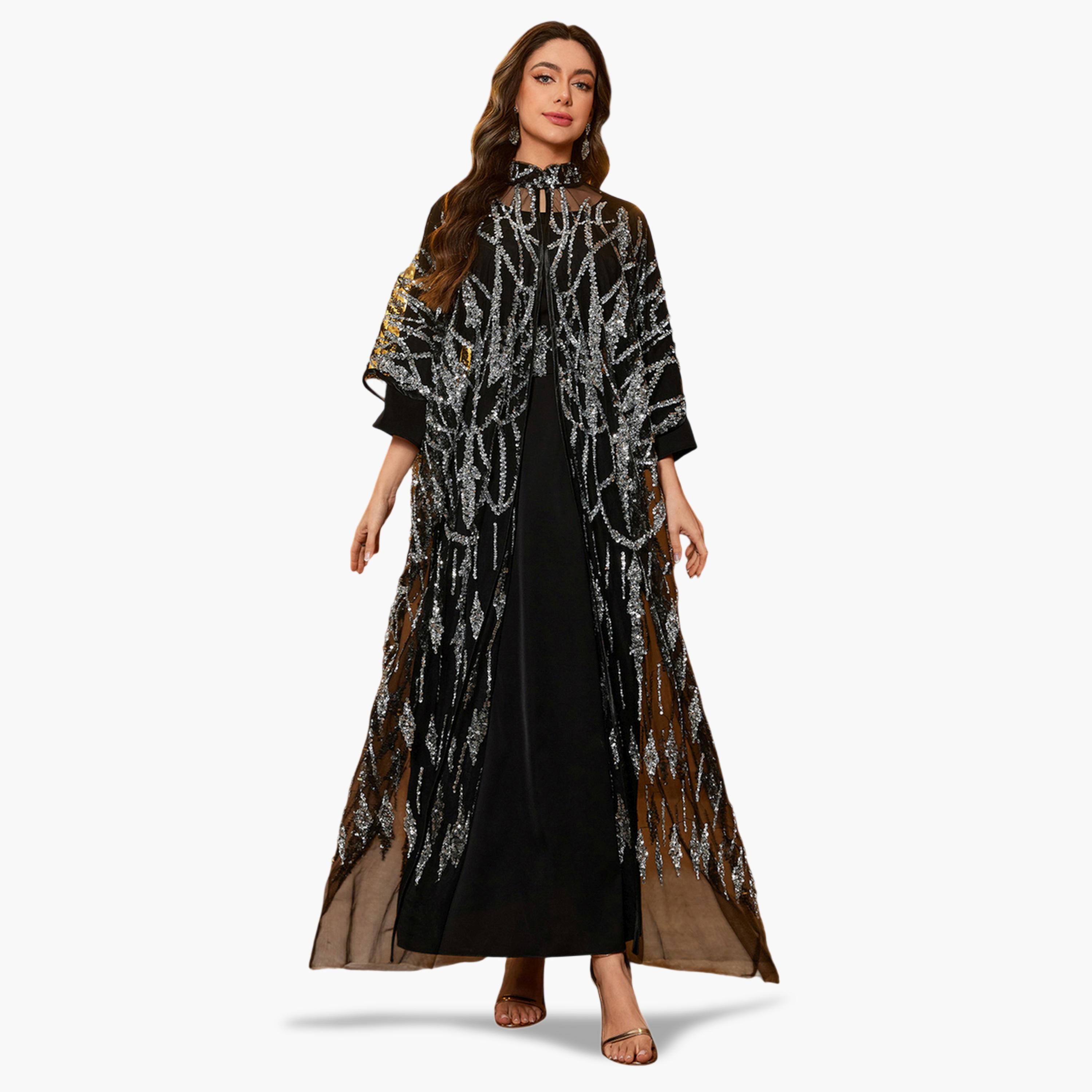 سوبر جير × ستايلي - طقم مكون من عباءة سوداء مزينة بالترتر وفستان طويل-women-clothing-coordsets-image-1