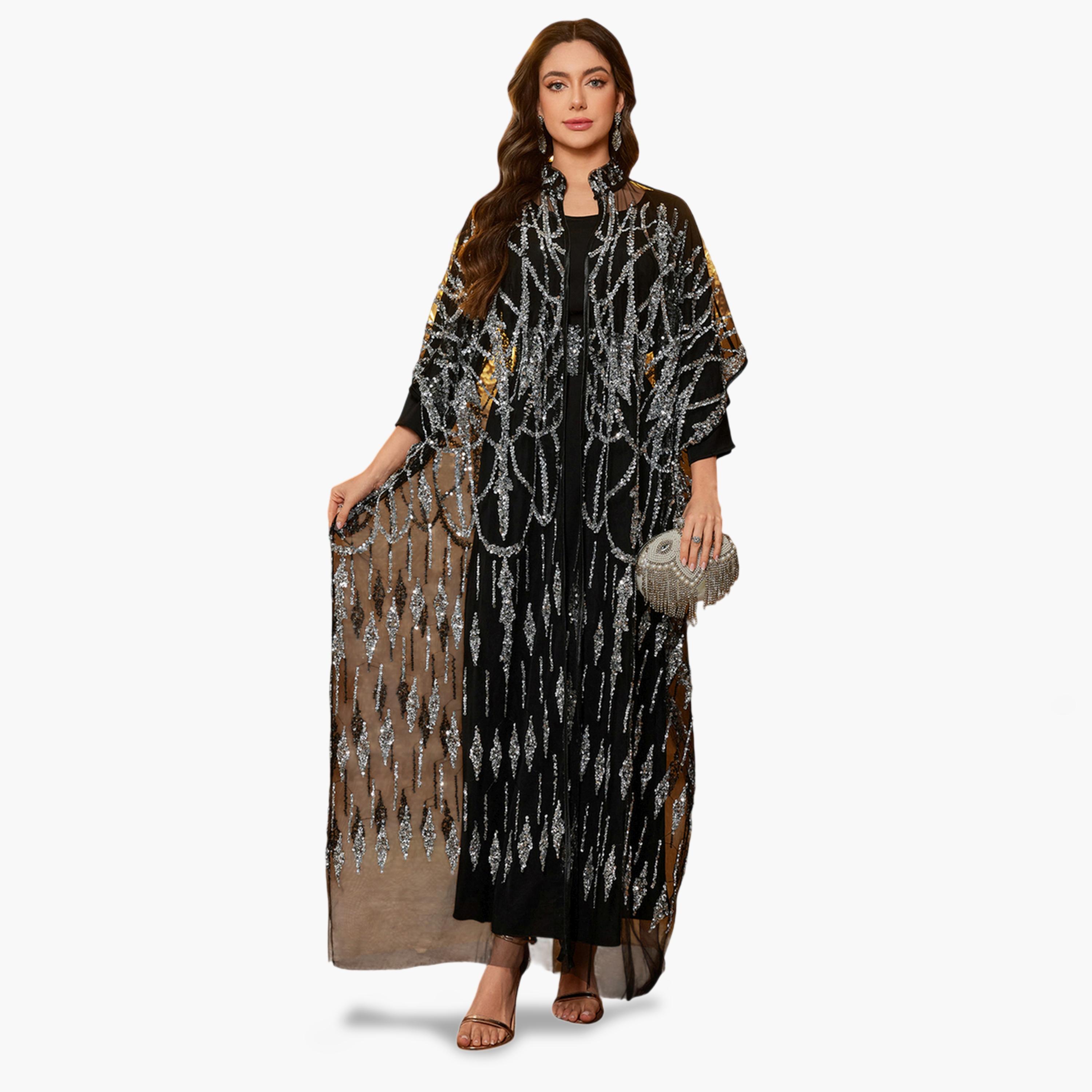 سوبر جير × ستايلي - طقم مكون من عباءة سوداء مزينة بالترتر وفستان طويل-women-clothing-coordsets-image-4