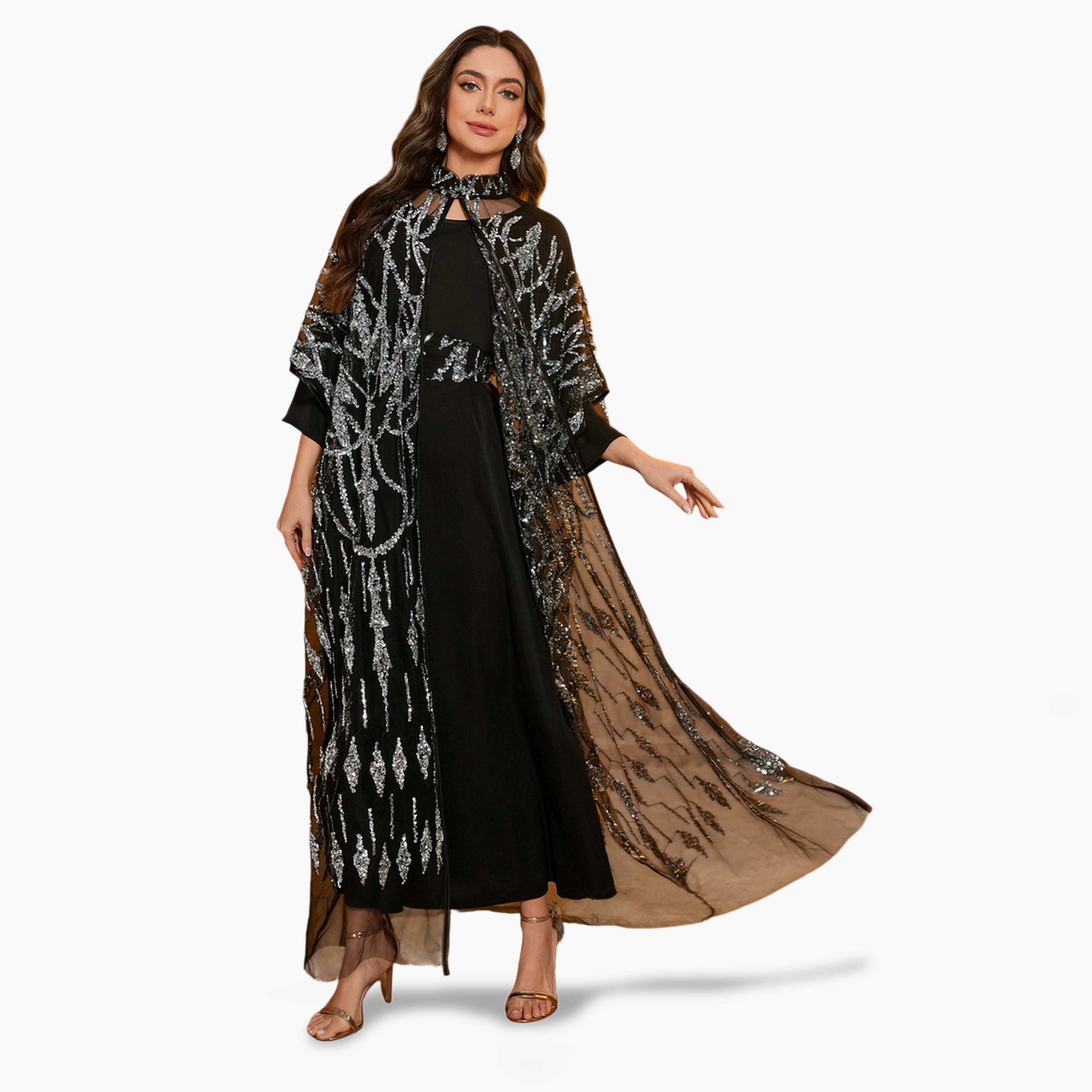 سوبر جير × ستايلي - طقم مكون من عباءة سوداء مزينة بالترتر وفستان طويل-women-clothing-coordsets-image-5