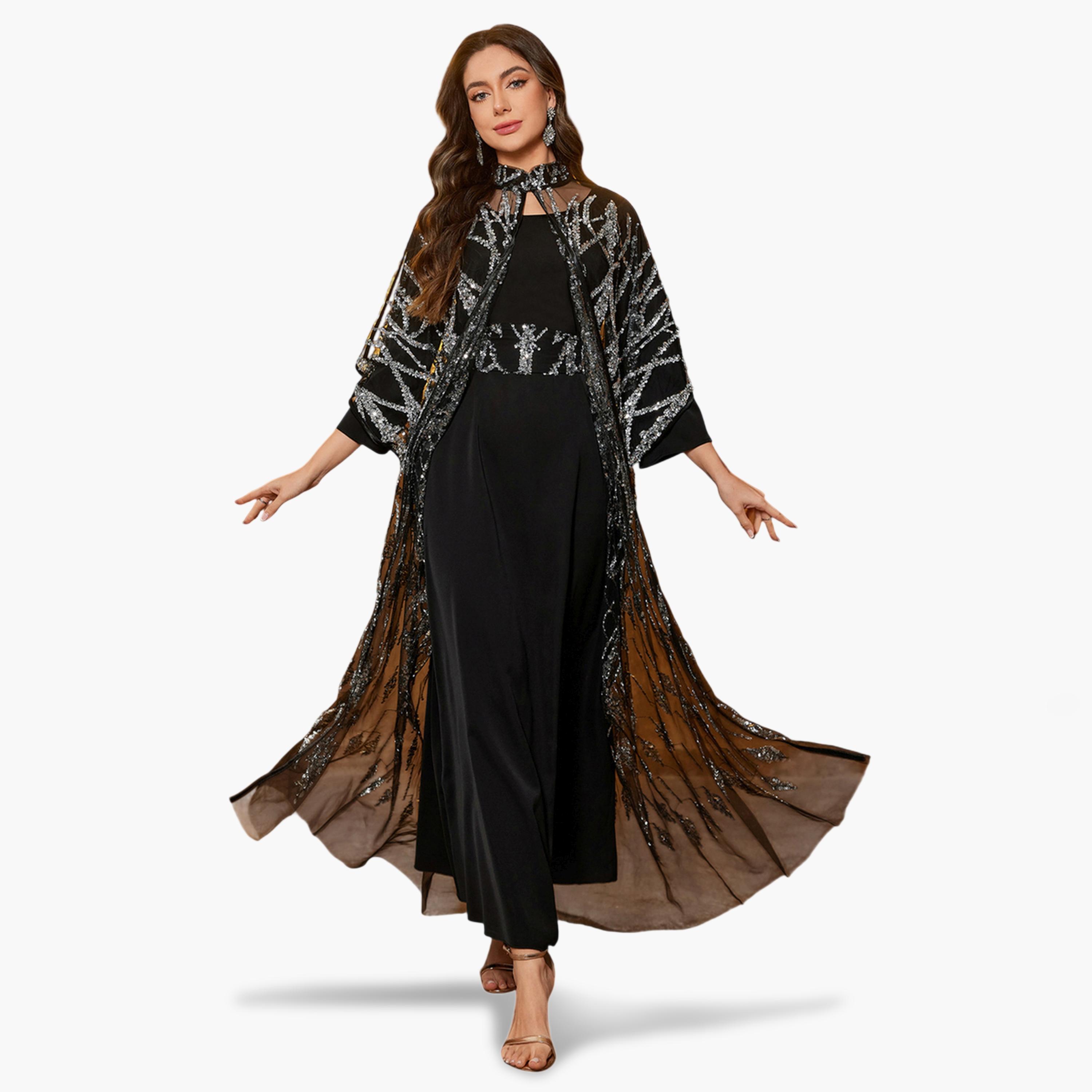 سوبر جير × ستايلي - طقم مكون من عباءة سوداء مزينة بالترتر وفستان طويل-women-clothing-coordsets-image-6