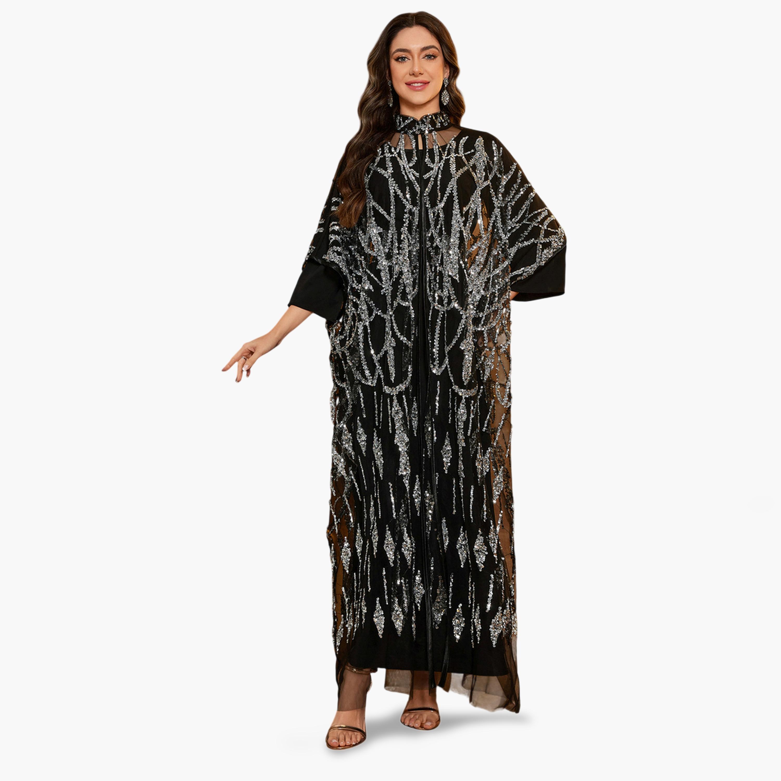 سوبر جير × ستايلي - طقم مكون من عباءة سوداء مزينة بالترتر وفستان طويل-women-clothing-coordsets-image-7