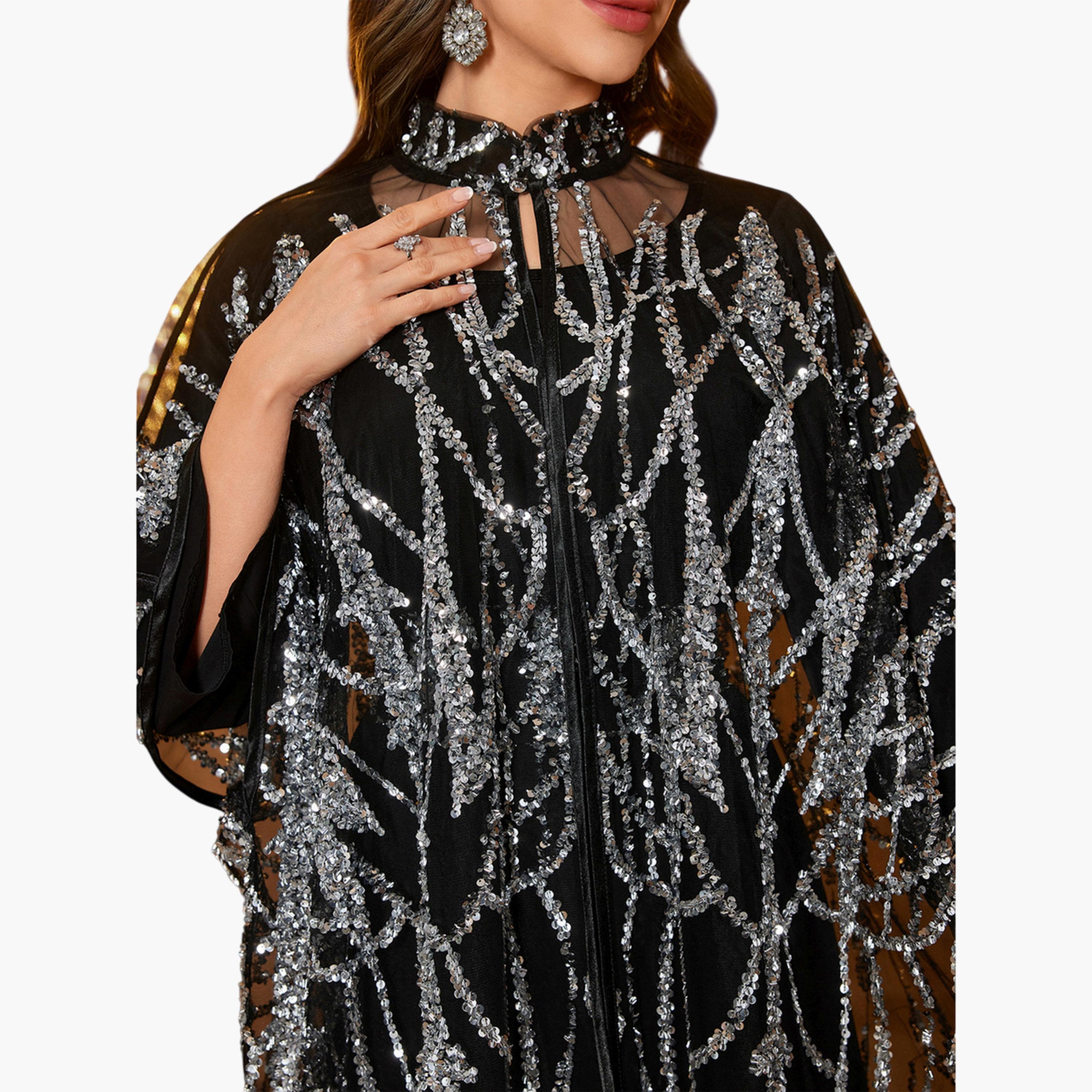 سوبر جير × ستايلي - طقم مكون من عباءة سوداء مزينة بالترتر وفستان طويل-women-clothing-coordsets-image-8