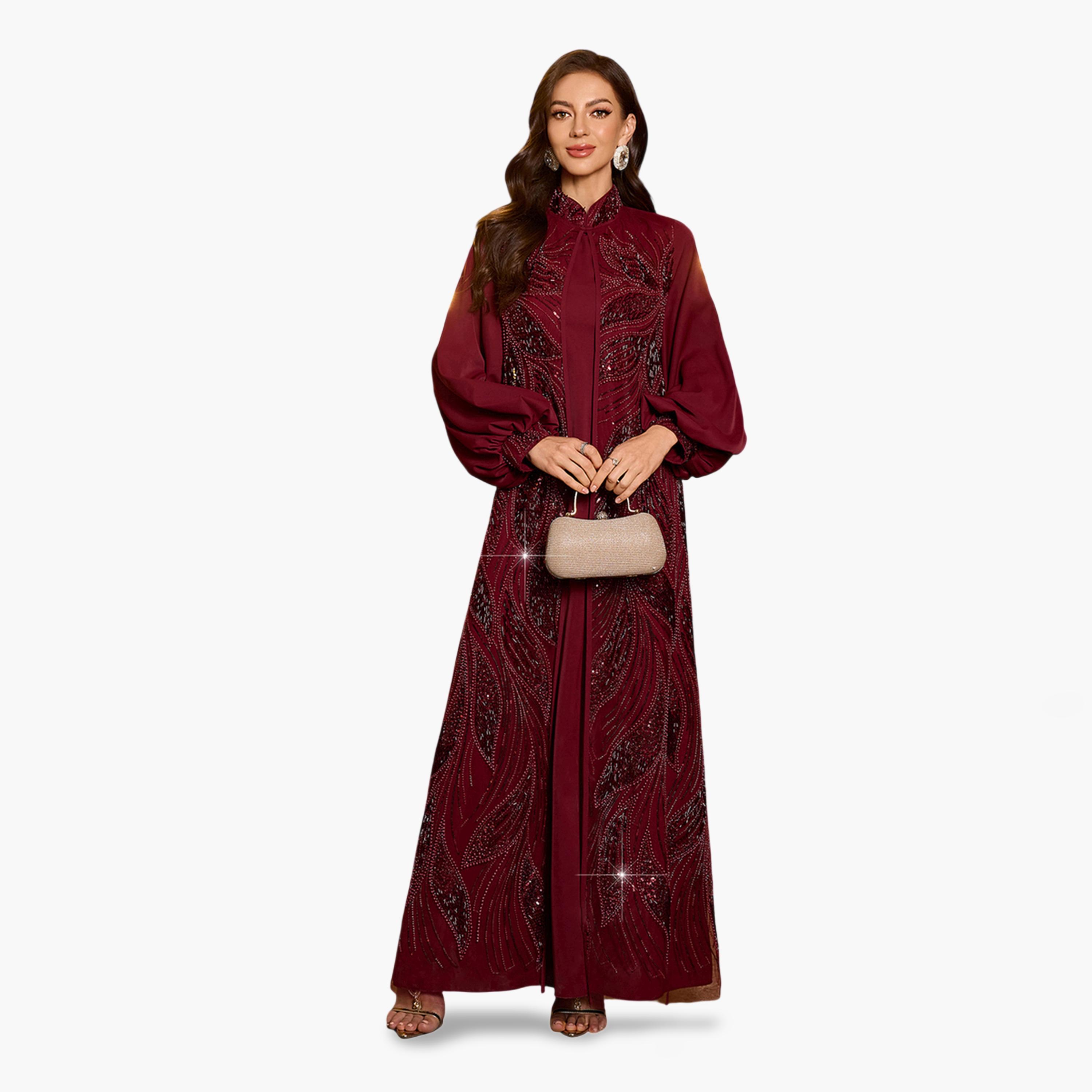 سوبر جير × ستايلي - طقم كيمونو وفستان ماكسي مزين باللون البرغندي-women-clothing-coordsets-image-1