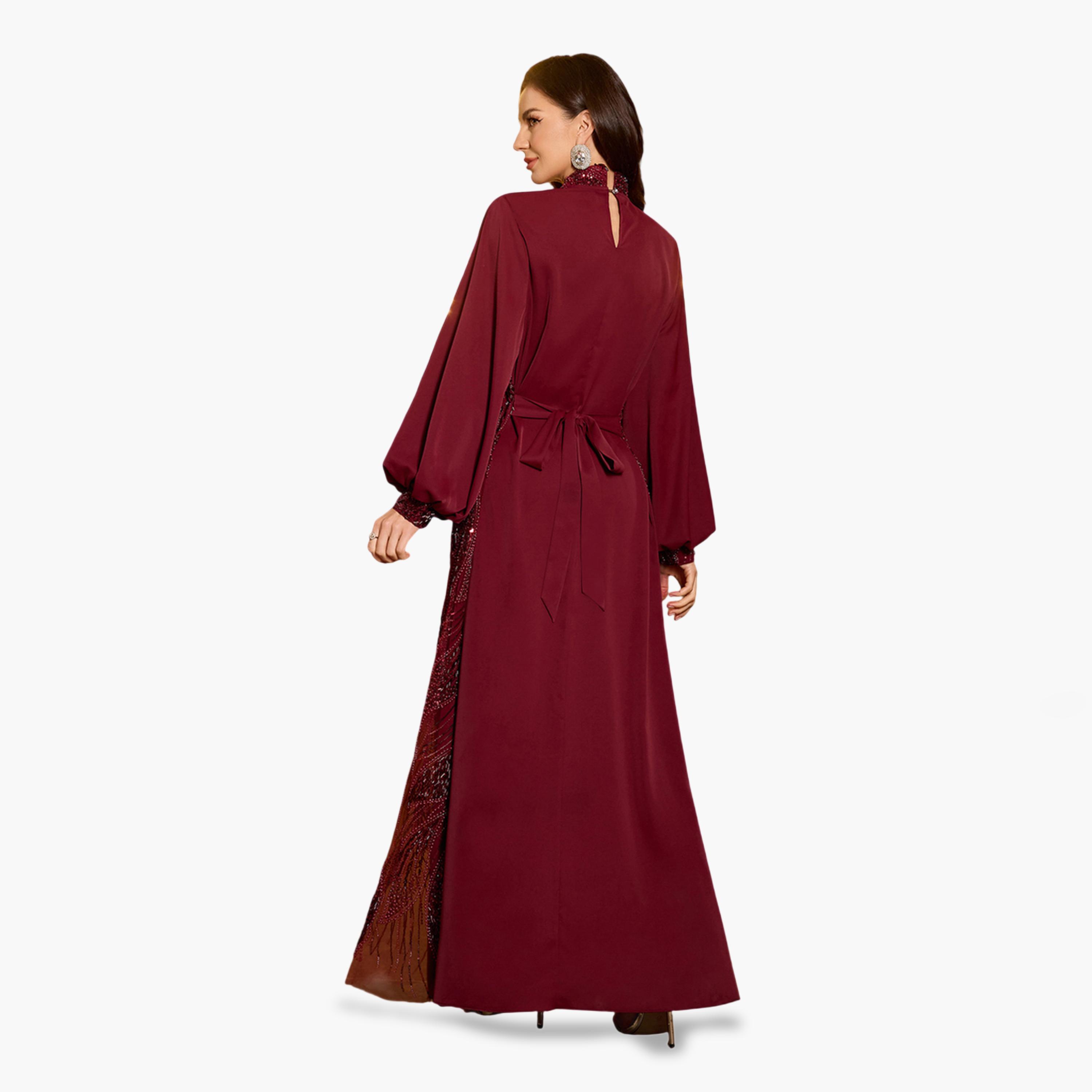 سوبر جير × ستايلي - طقم كيمونو وفستان ماكسي مزين باللون البرغندي-women-clothing-coordsets-image-2