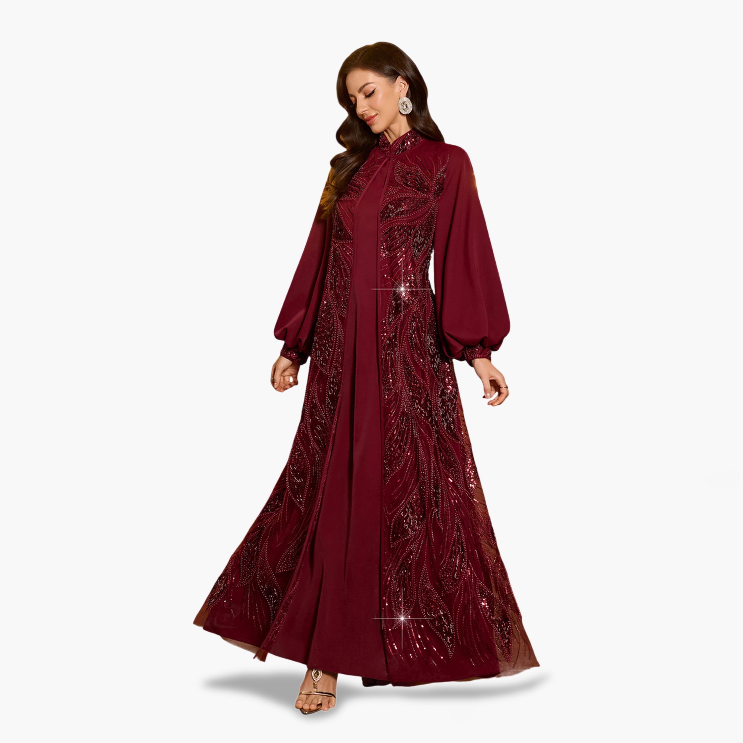 سوبر جير × ستايلي - طقم كيمونو وفستان ماكسي مزين باللون البرغندي-women-clothing-coordsets-image-3