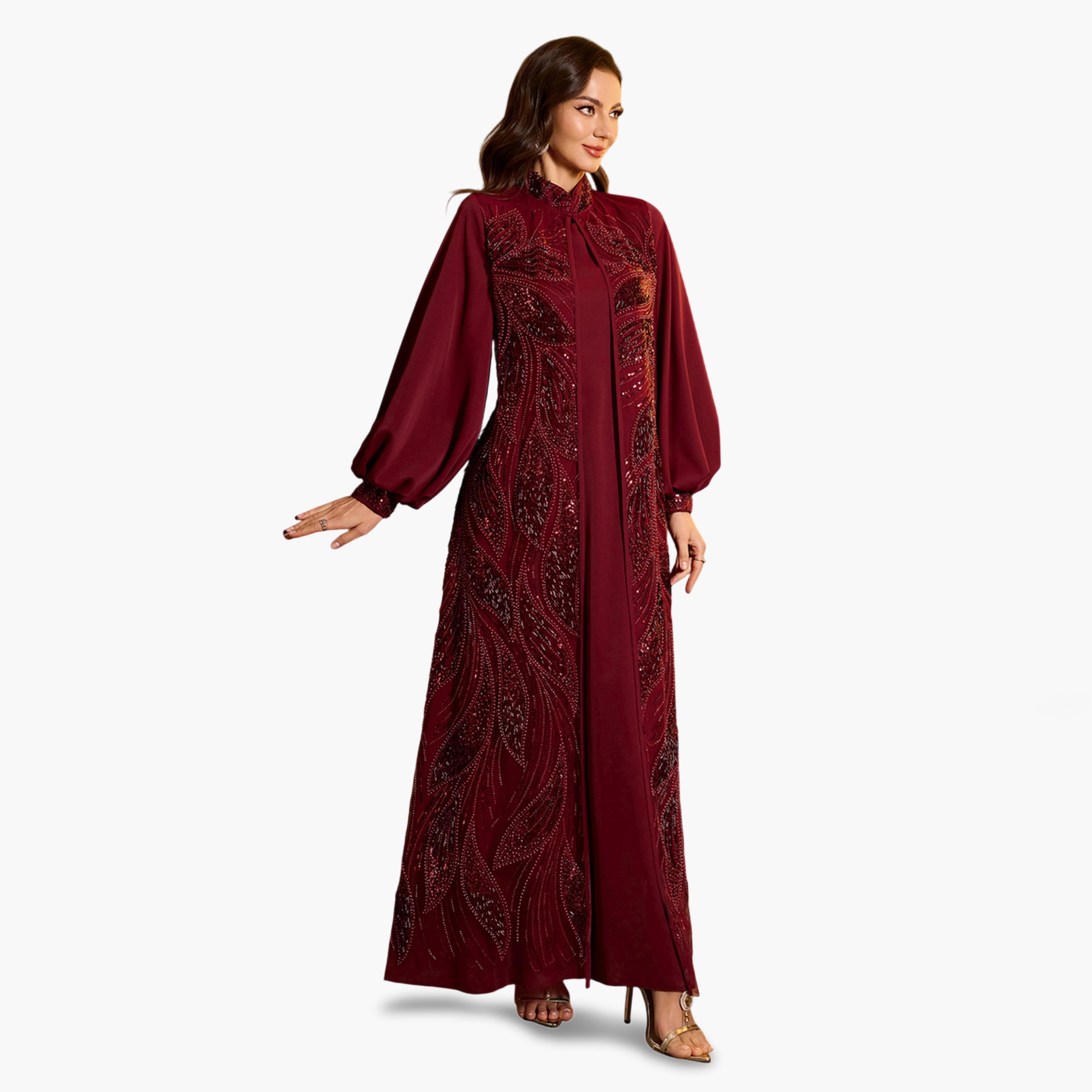 SUPGIR X Styli Burgundy Embellished Kimono and Maxi Dress Co-ord Set-women-clothing-coordsets-image-4