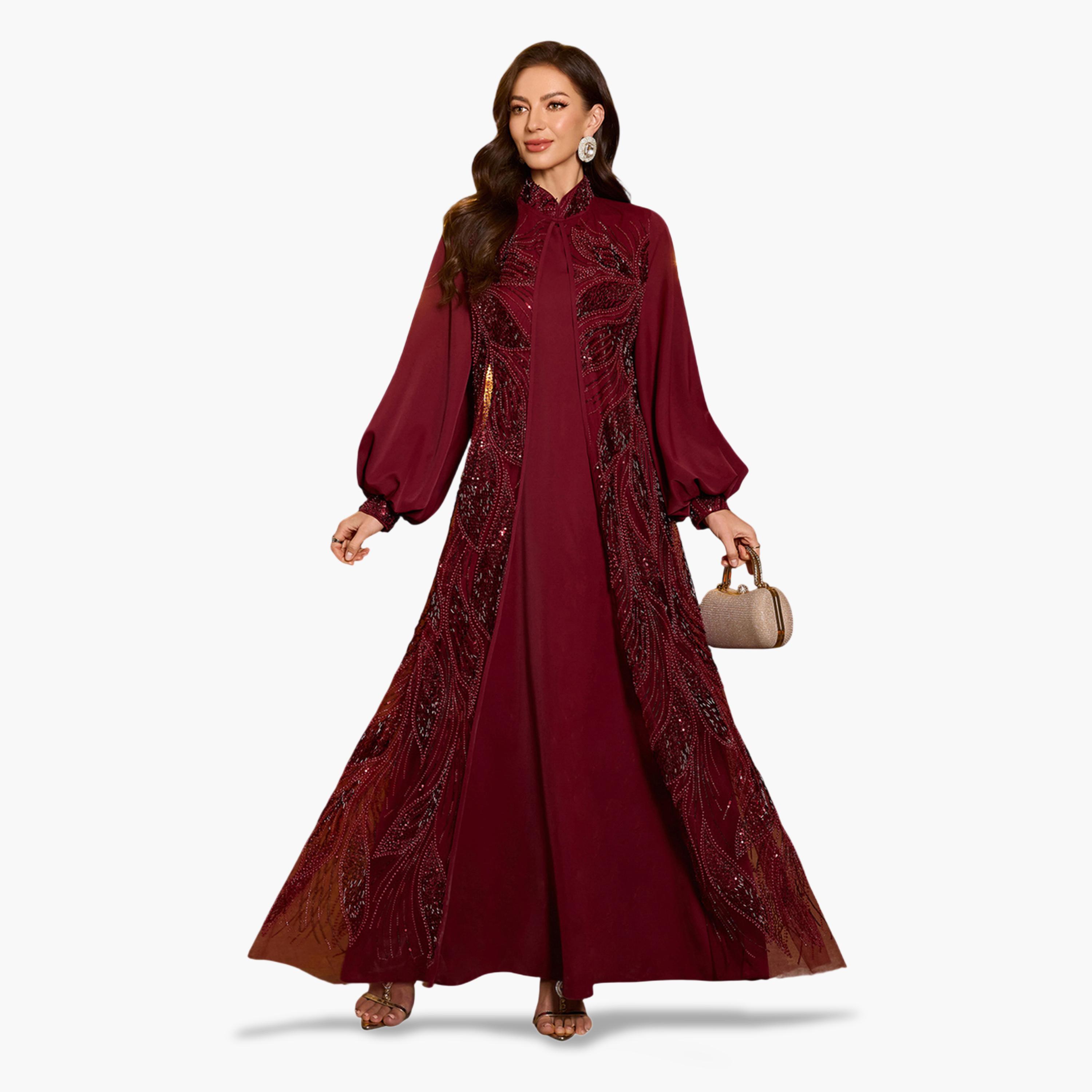 سوبر جير × ستايلي - طقم كيمونو وفستان ماكسي مزين باللون البرغندي-women-clothing-coordsets-image-5