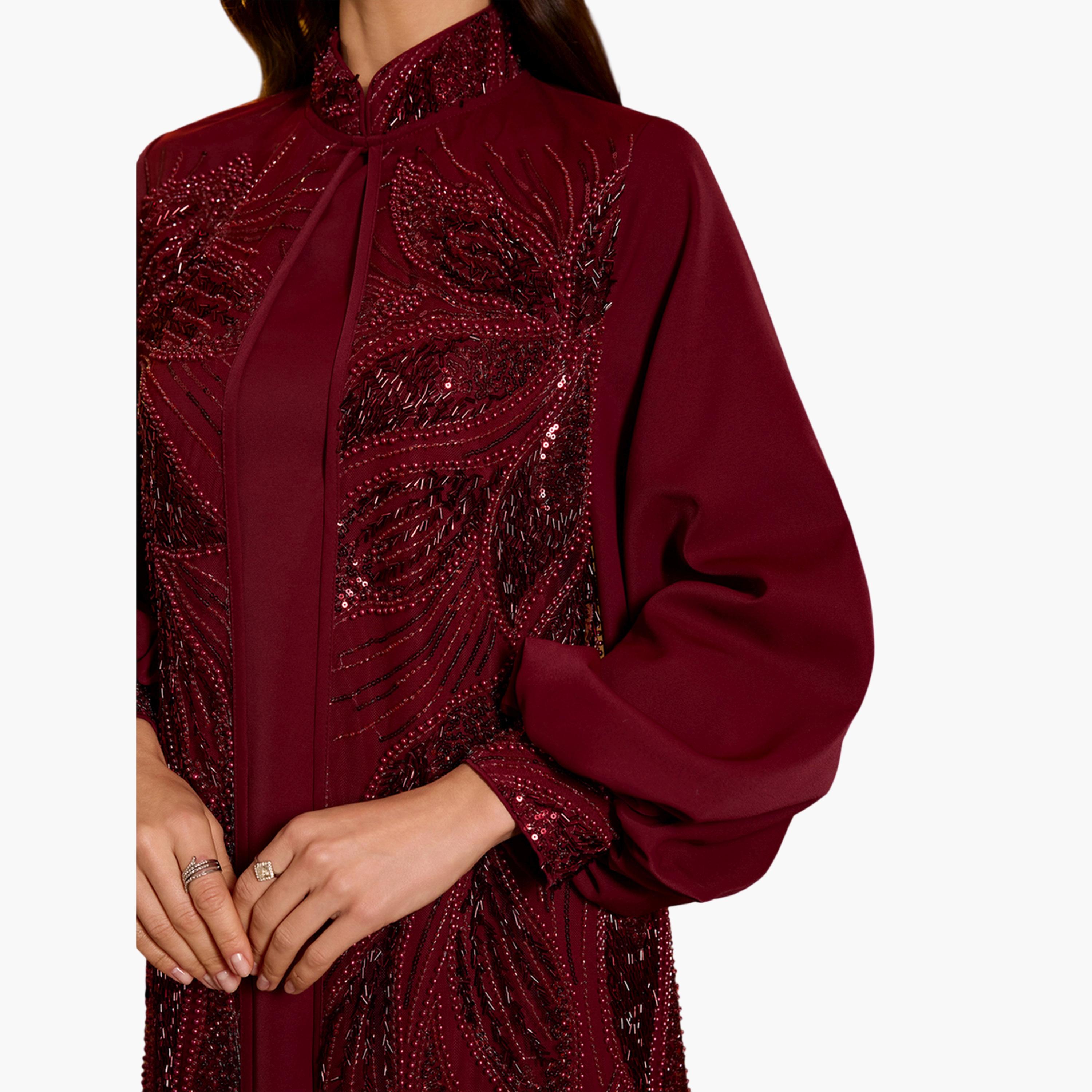 SUPGIR X Styli Burgundy Embellished Kimono and Maxi Dress Co-ord Set-women-clothing-coordsets-image-6
