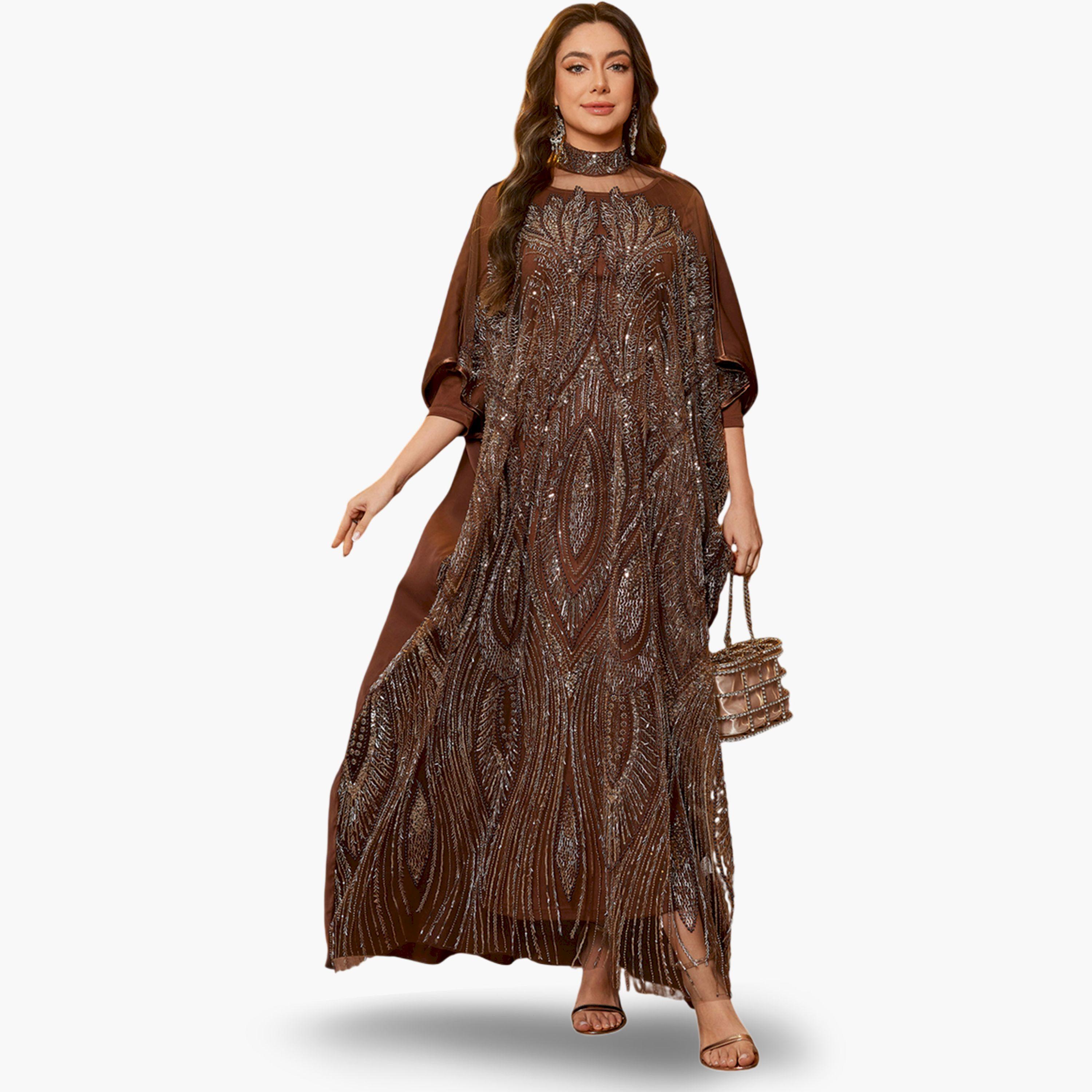SUPGIR X Styli Coffee Brown Embellished Maxi Kaftan-women-arabicclothing-kaftan-image-1