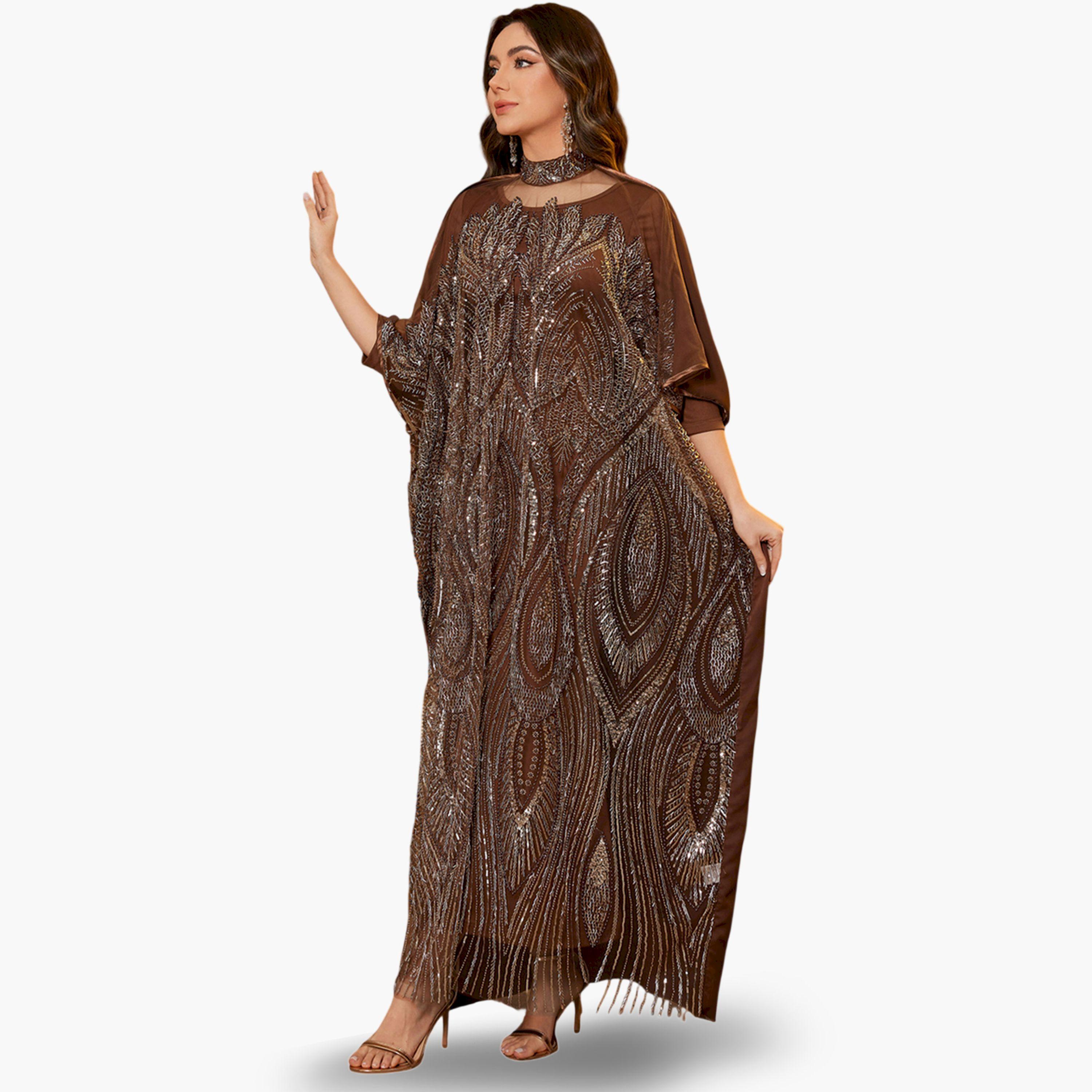 SUPGIR X Styli Coffee Brown Embellished Maxi Kaftan-women-arabicclothing-kaftan-image-3