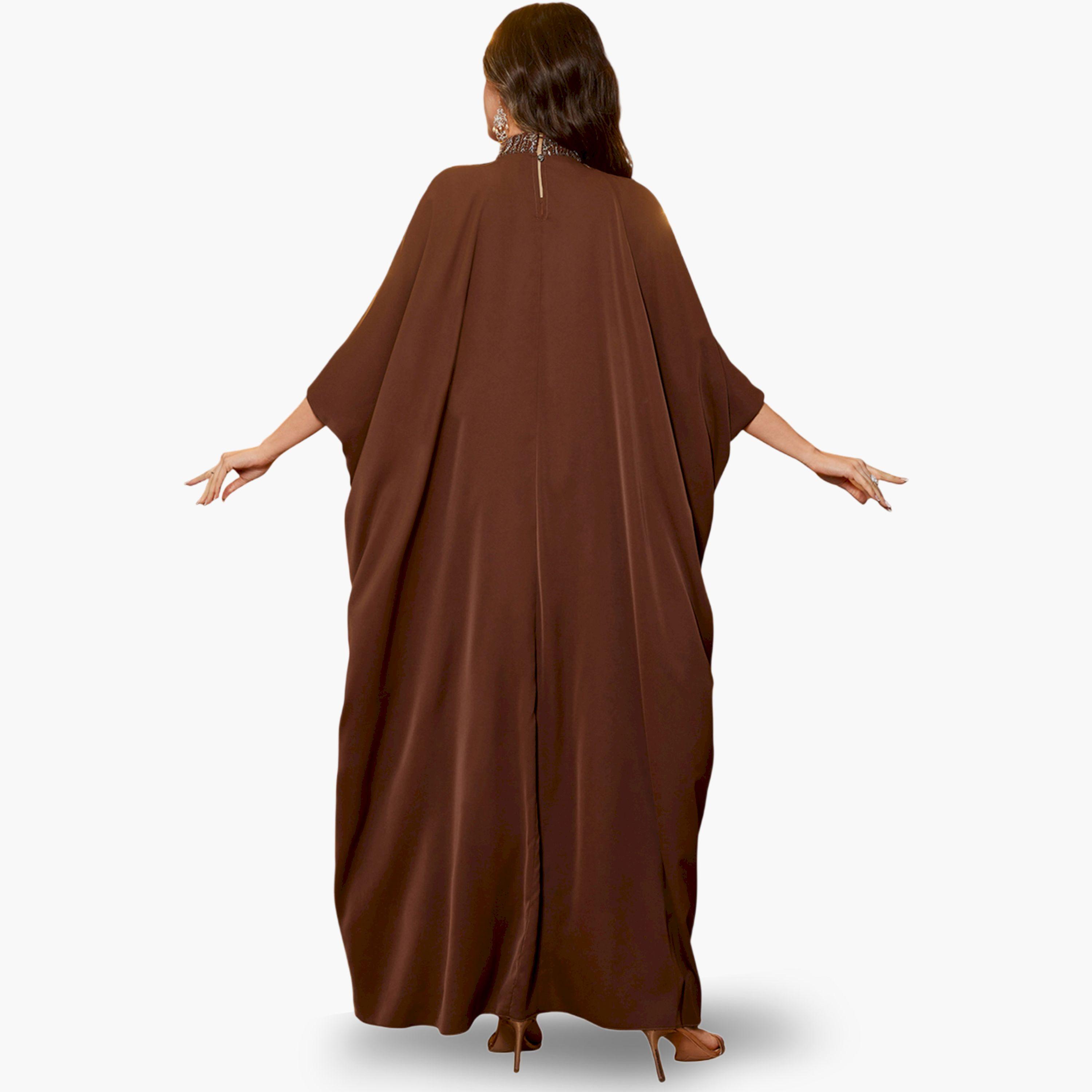 SUPGIR X Styli Coffee Brown Embellished Maxi Kaftan-women-arabicclothing-kaftan-image-4