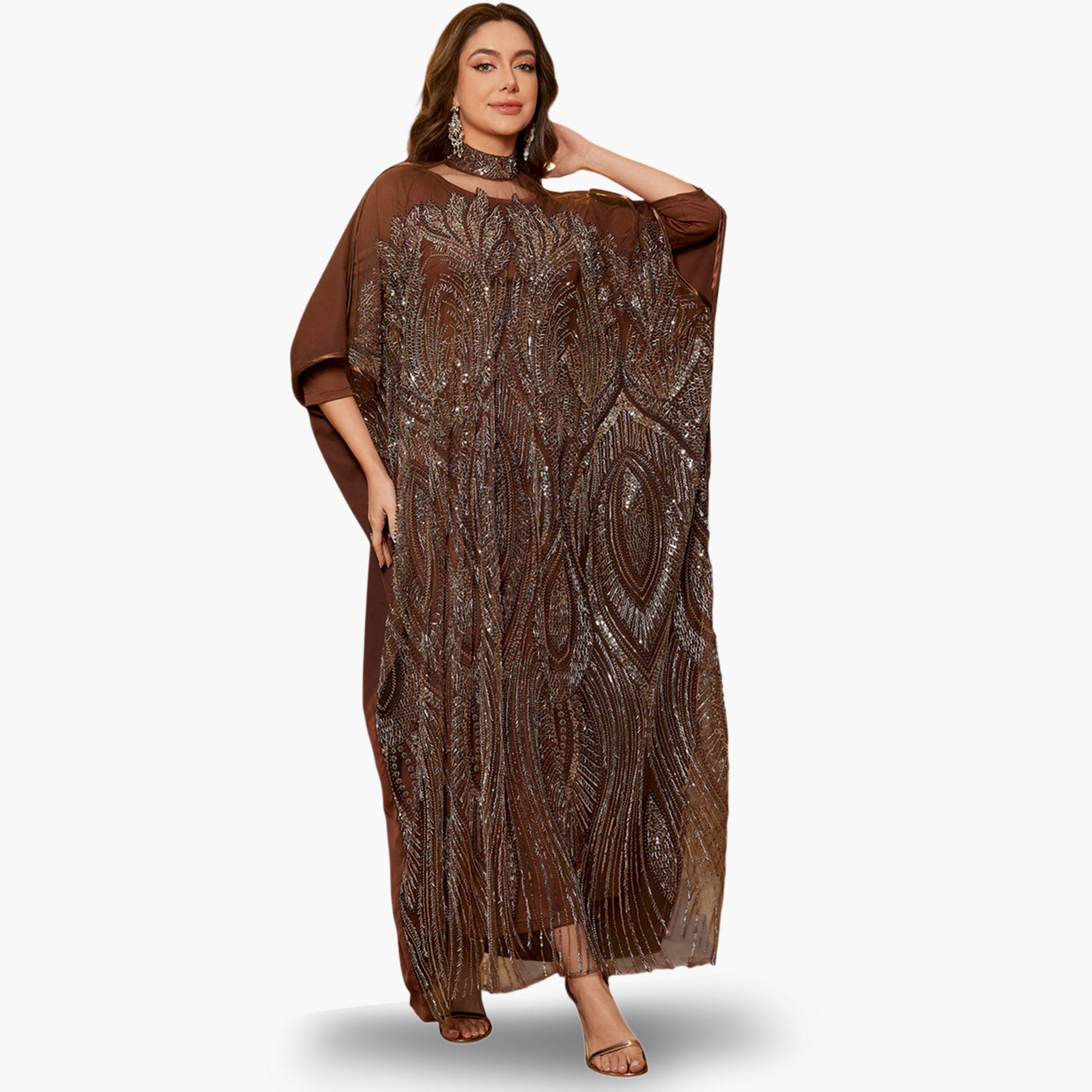 SUPGIR X Styli Coffee Brown Embellished Maxi Kaftan-women-arabicclothing-kaftan-image-5