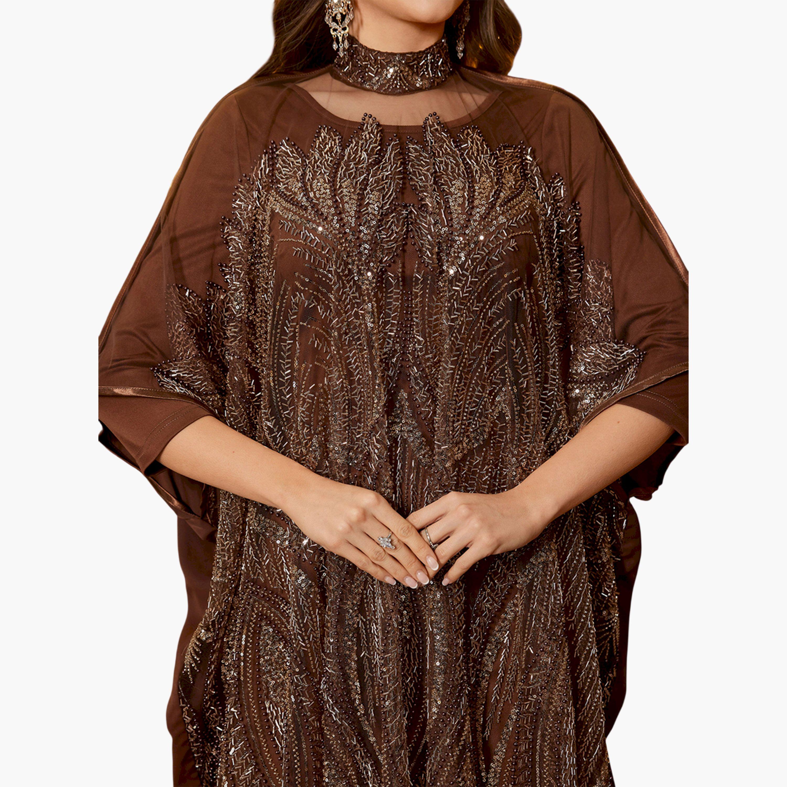 SUPGIR X Styli Coffee Brown Embellished Maxi Kaftan-women-arabicclothing-kaftan-image-6