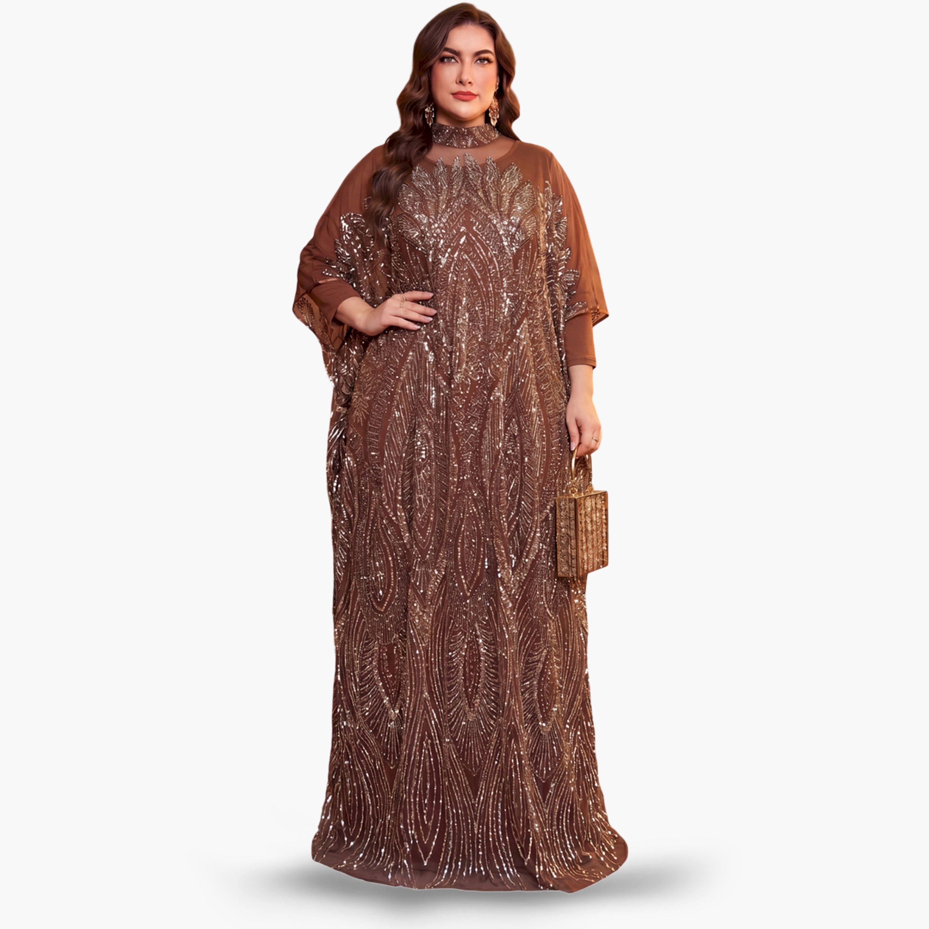 SUPGIR X Styli Plus Size Coffee Brown Sequin Kaftan-women-clothing-dresses-image-1