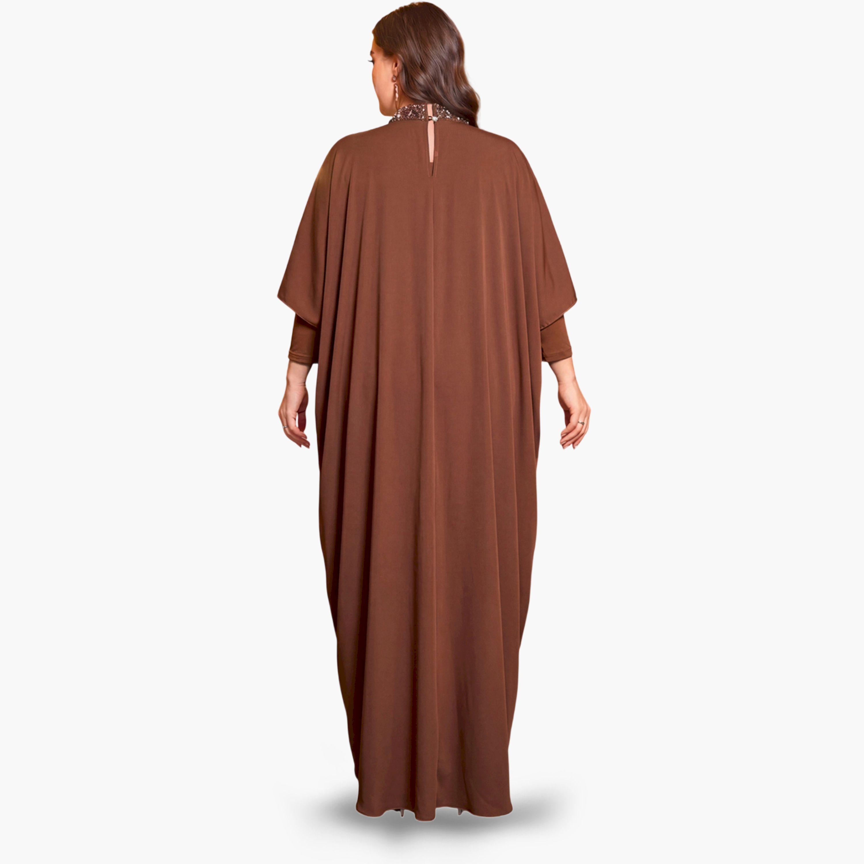 SUPGIR X Styli Plus Size Coffee Brown Sequin Kaftan-women-clothing-dresses-image-2