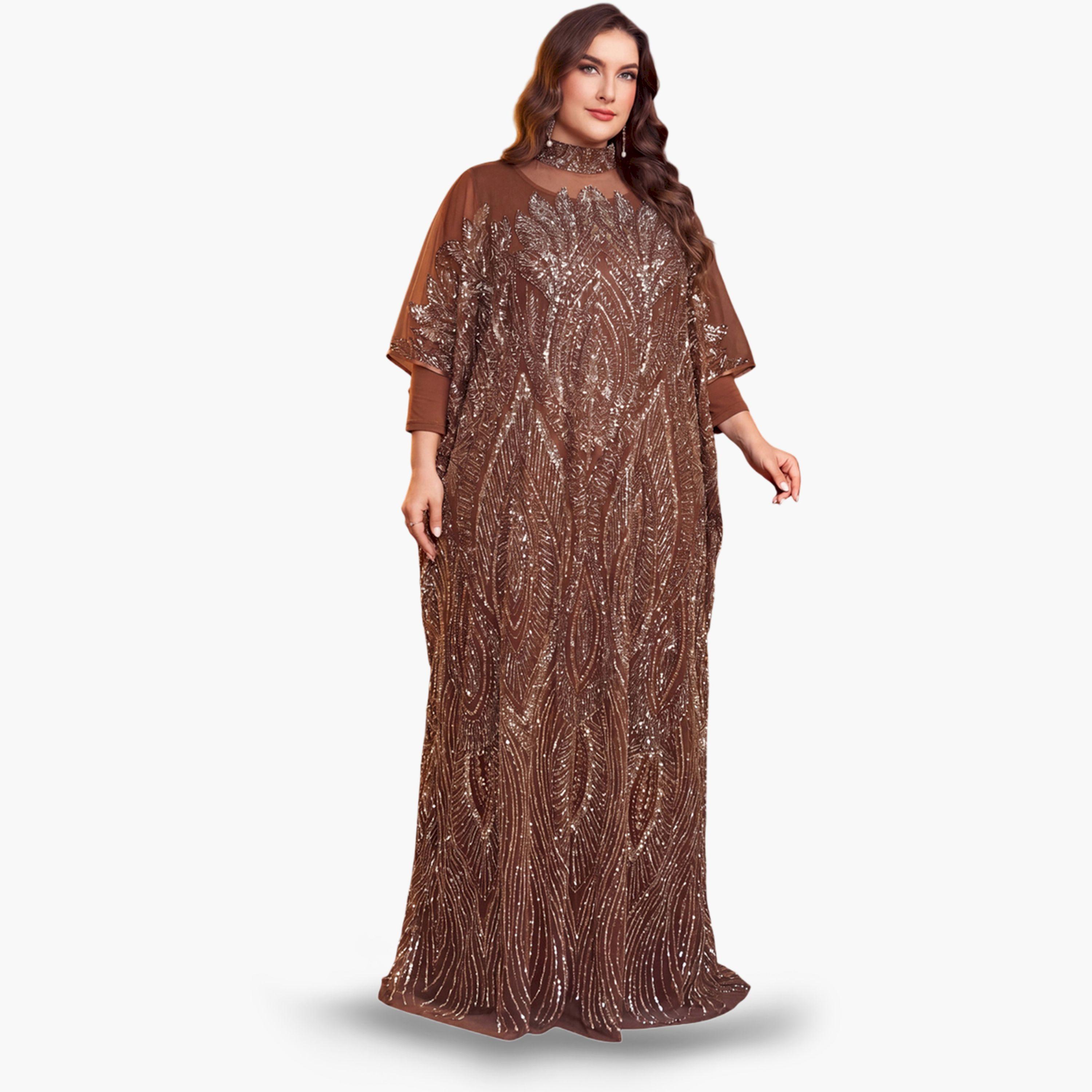 SUPGIR X Styli Plus Size Coffee Brown Sequin Kaftan-women-clothing-dresses-image-3