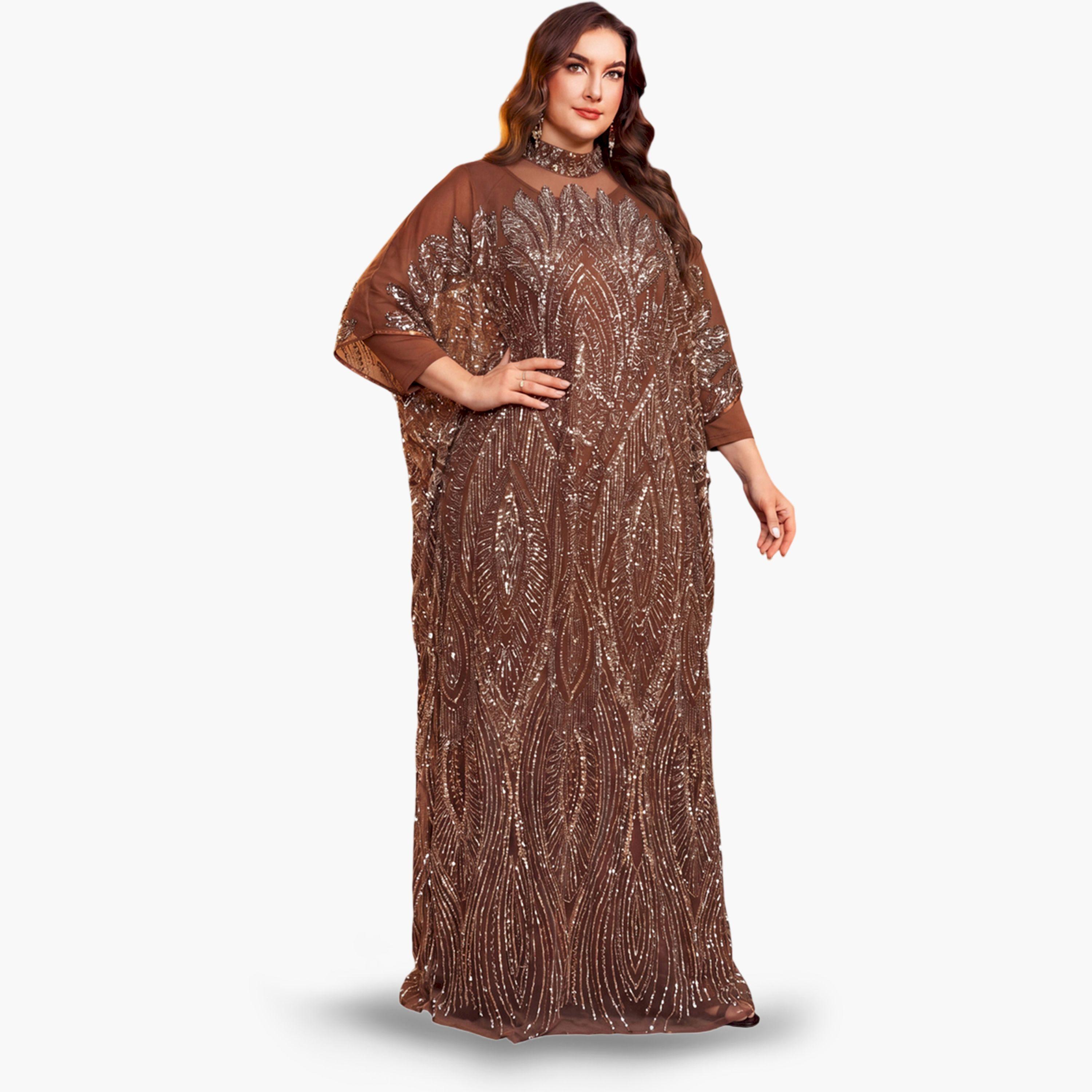 SUPGIR X Styli Plus Size Coffee Brown Sequin Kaftan-women-clothing-dresses-image-4