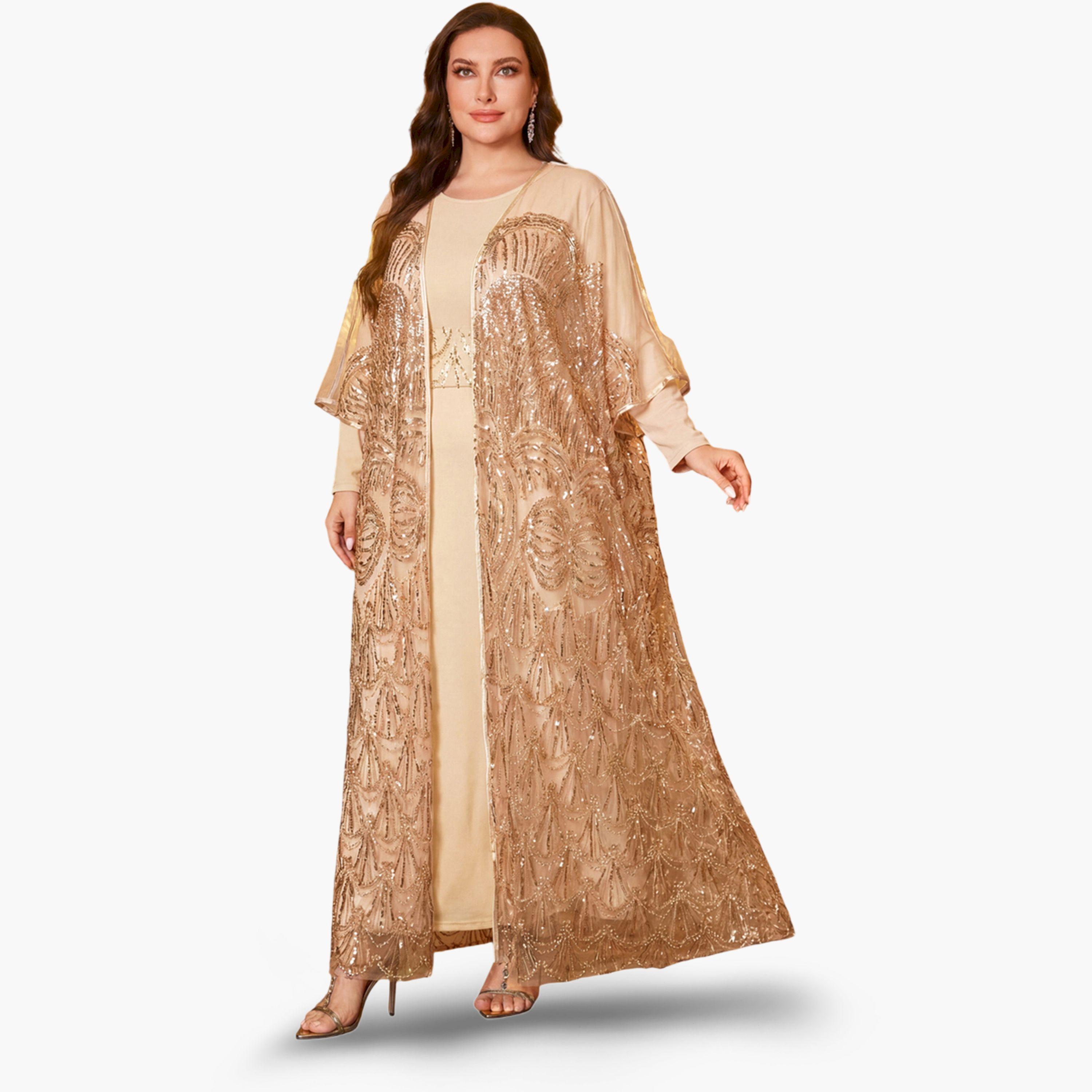 طقم منسق من كيمونو مزين وفستان داخلي-women-clothing-plussize-coordsets-image-1