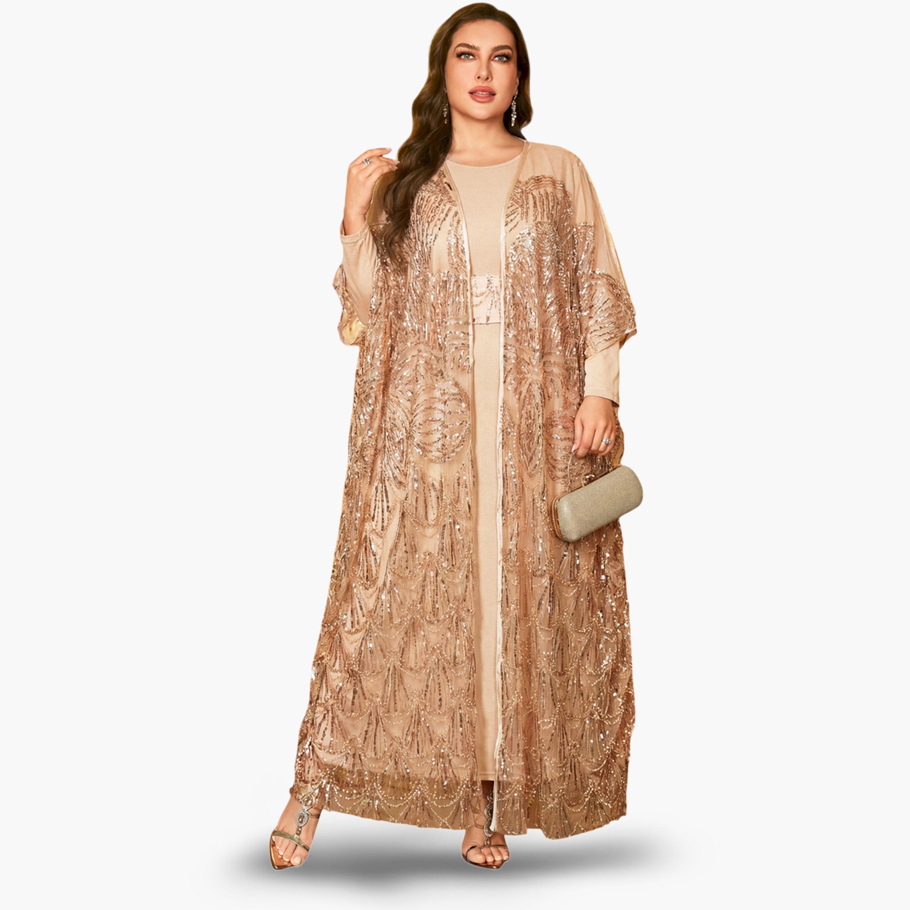 طقم منسق من كيمونو مزين وفستان داخلي-women-clothing-plussize-coordsets-image-4