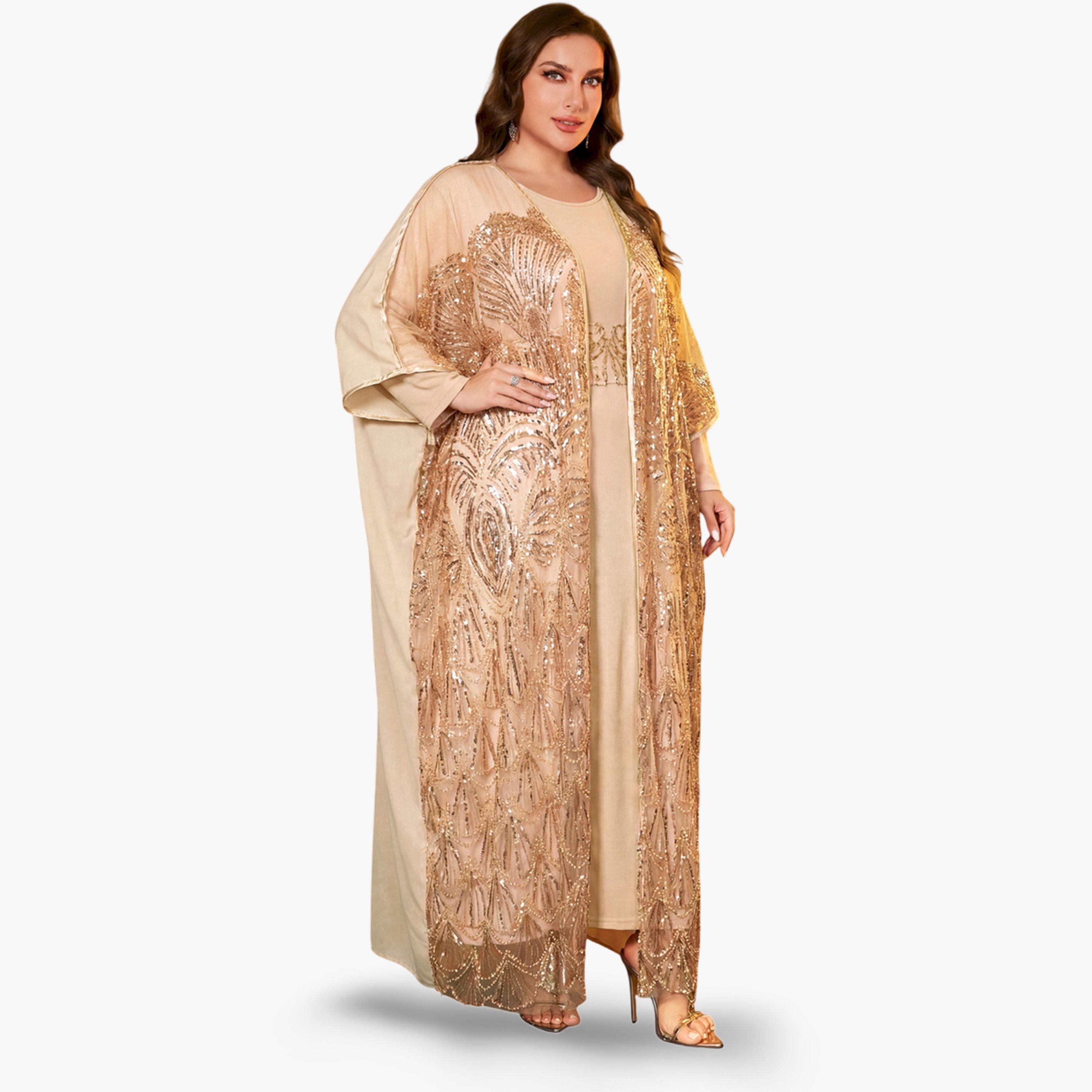 طقم منسق من كيمونو مزين وفستان داخلي-women-clothing-plussize-coordsets-image-5
