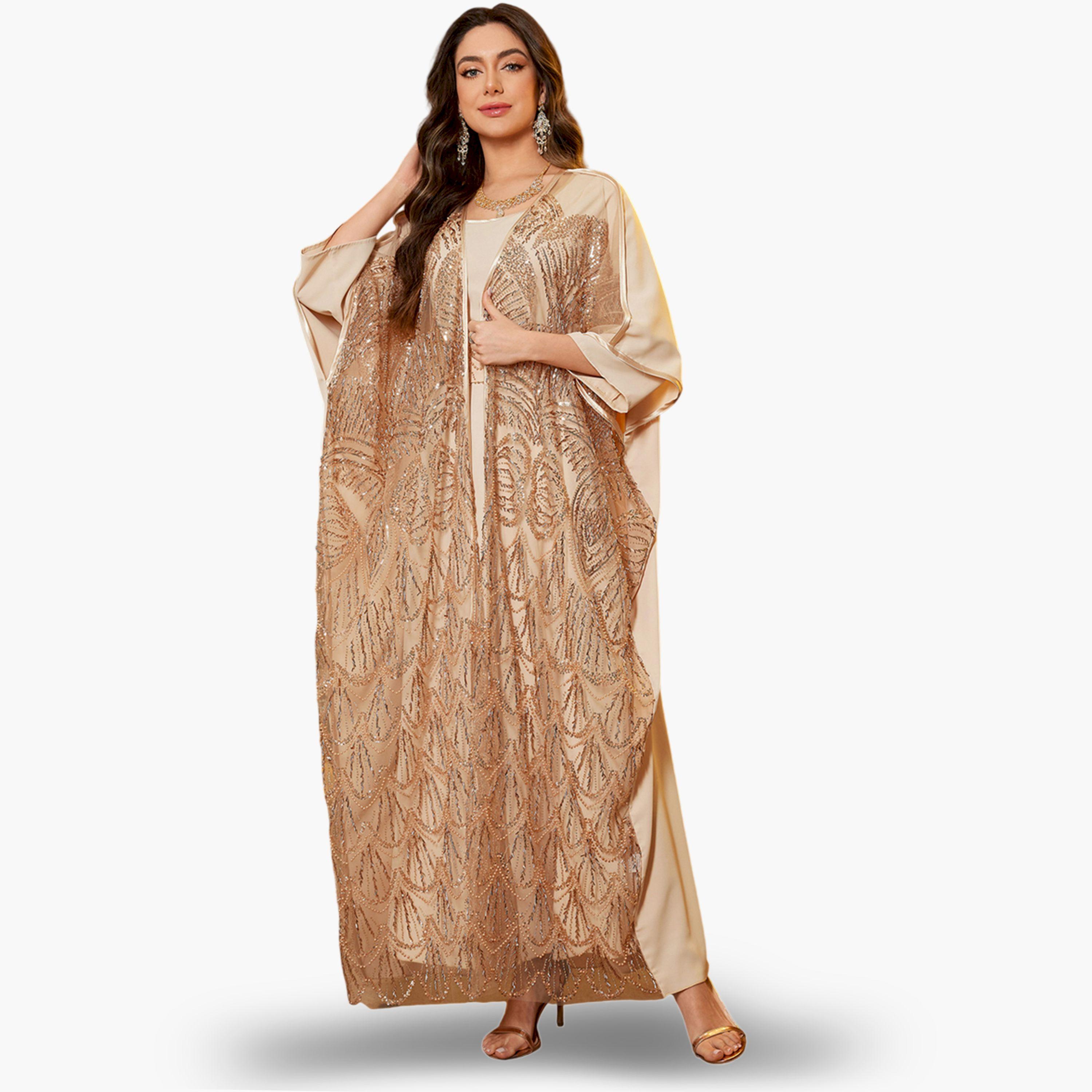 SUPGIR X Styli Beige Embellished Kimono with Inner Dress Co-Ords-women-clothing-coordsets-image-1