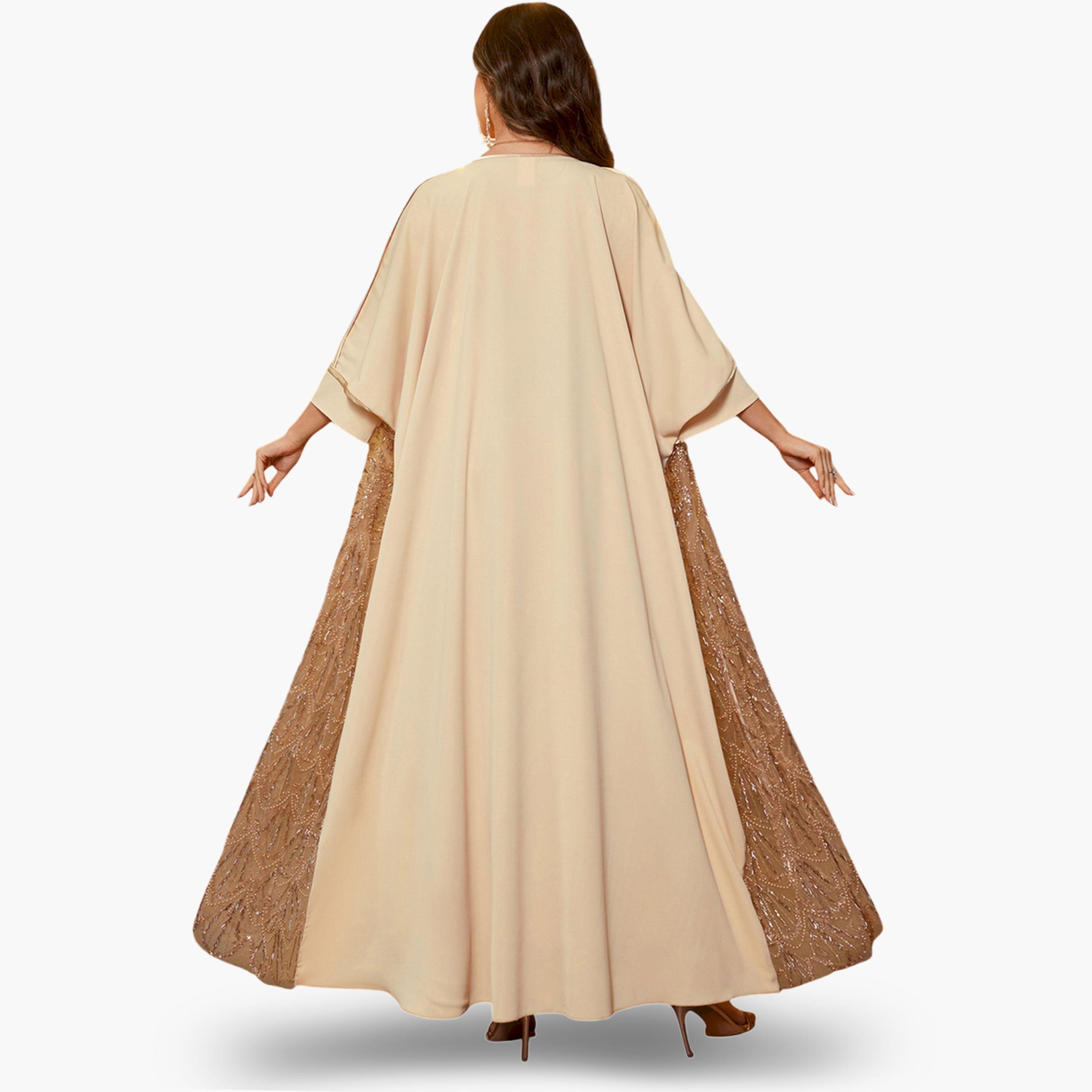 SUPGIR X Styli Beige Embellished Kimono with Inner Dress Co-Ords-women-clothing-coordsets-image-2
