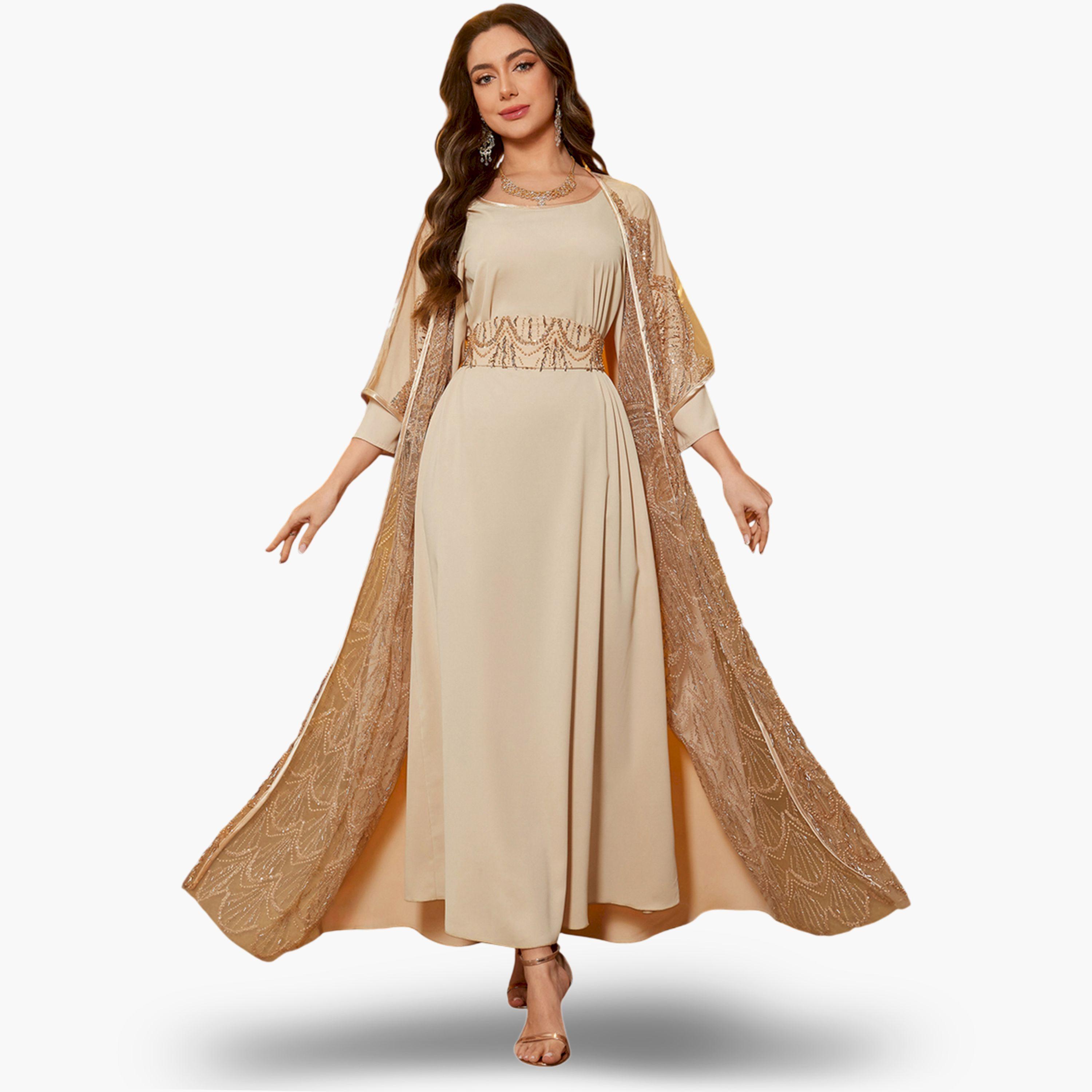 SUPGIR X Styli Beige Embellished Kimono with Inner Dress Co-Ords-women-clothing-coordsets-image-4