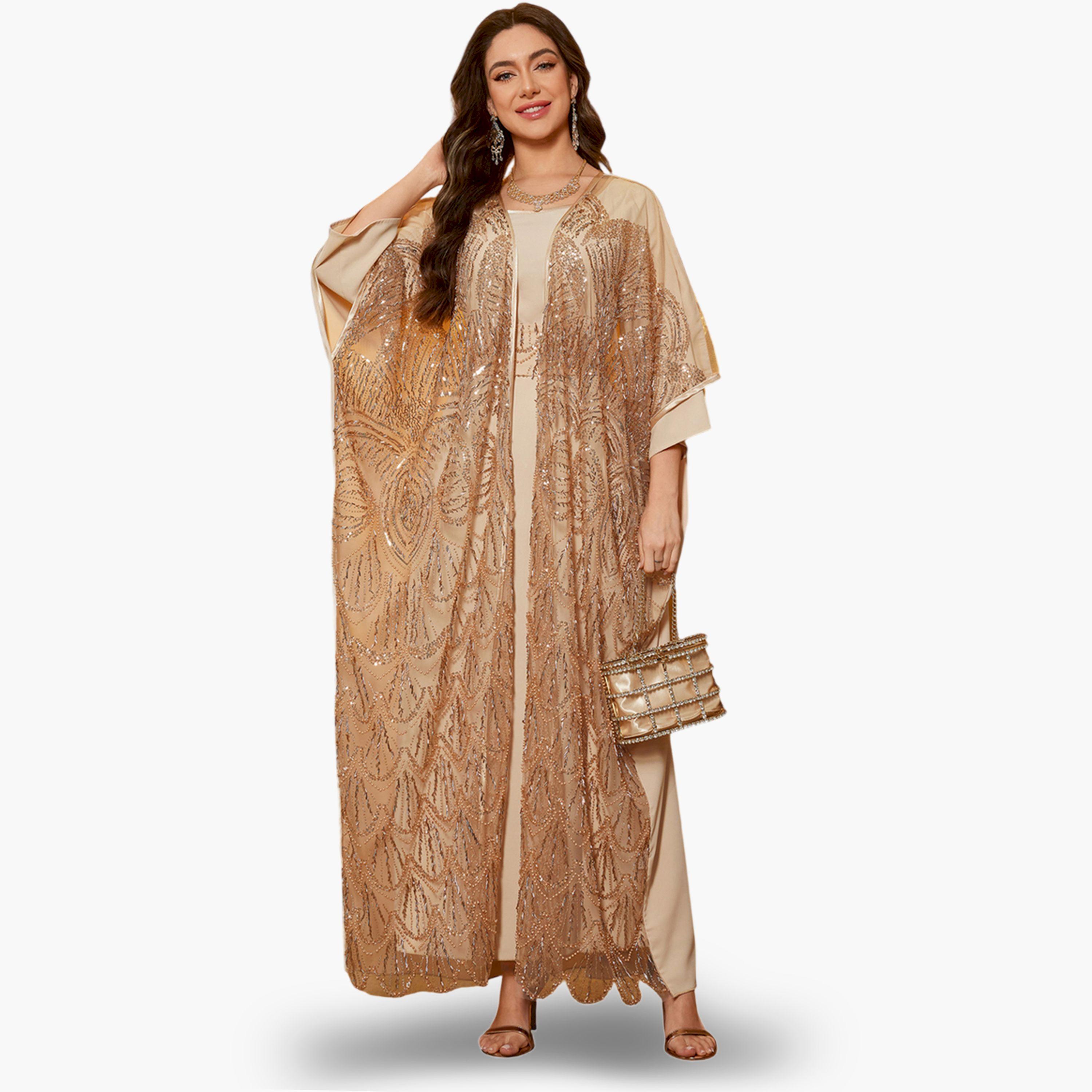 SUPGIR X Styli Beige Embellished Kimono with Inner Dress Co-Ords-women-clothing-coordsets-image-5