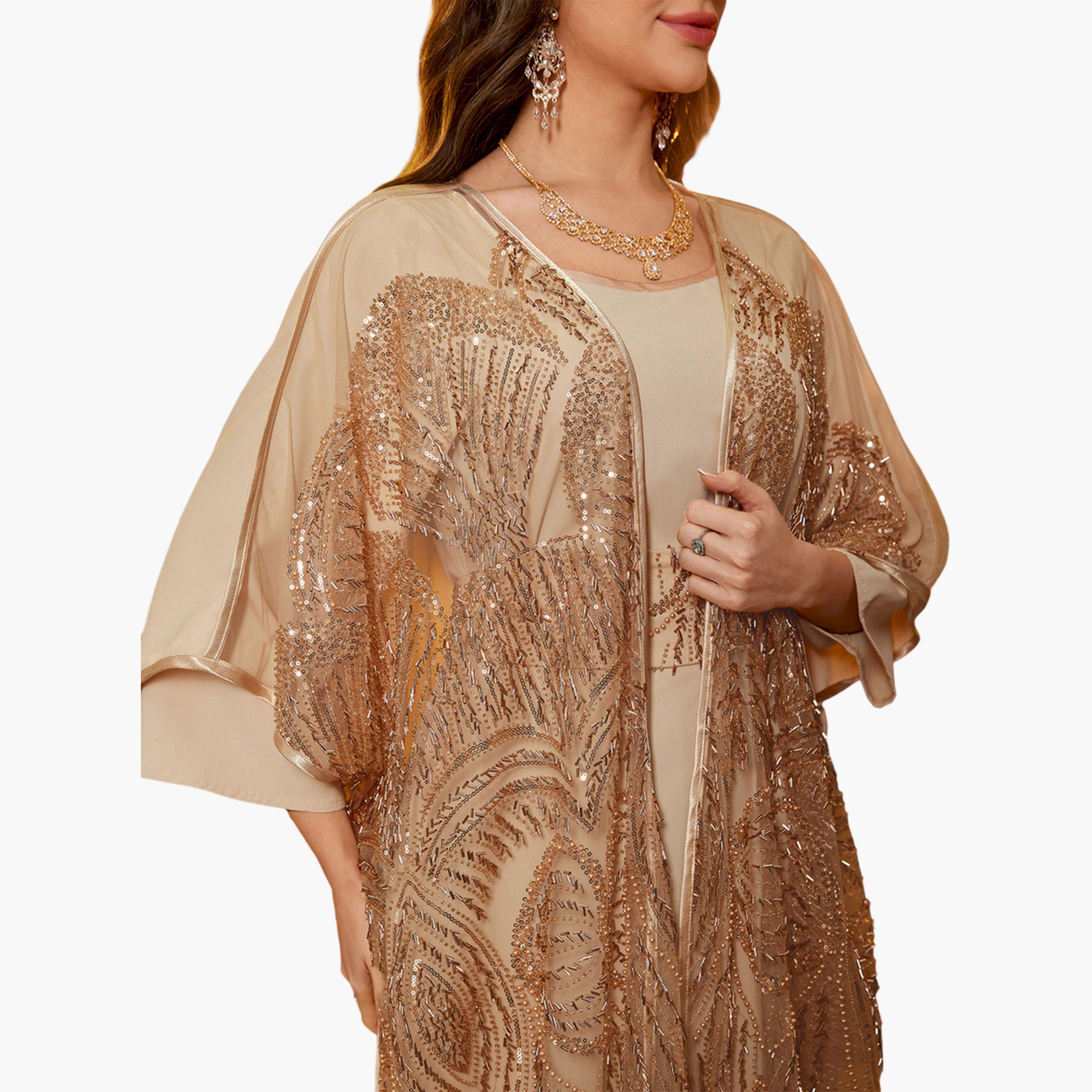 SUPGIR X Styli Beige Embellished Kimono with Inner Dress Co-Ords-women-clothing-coordsets-image-6