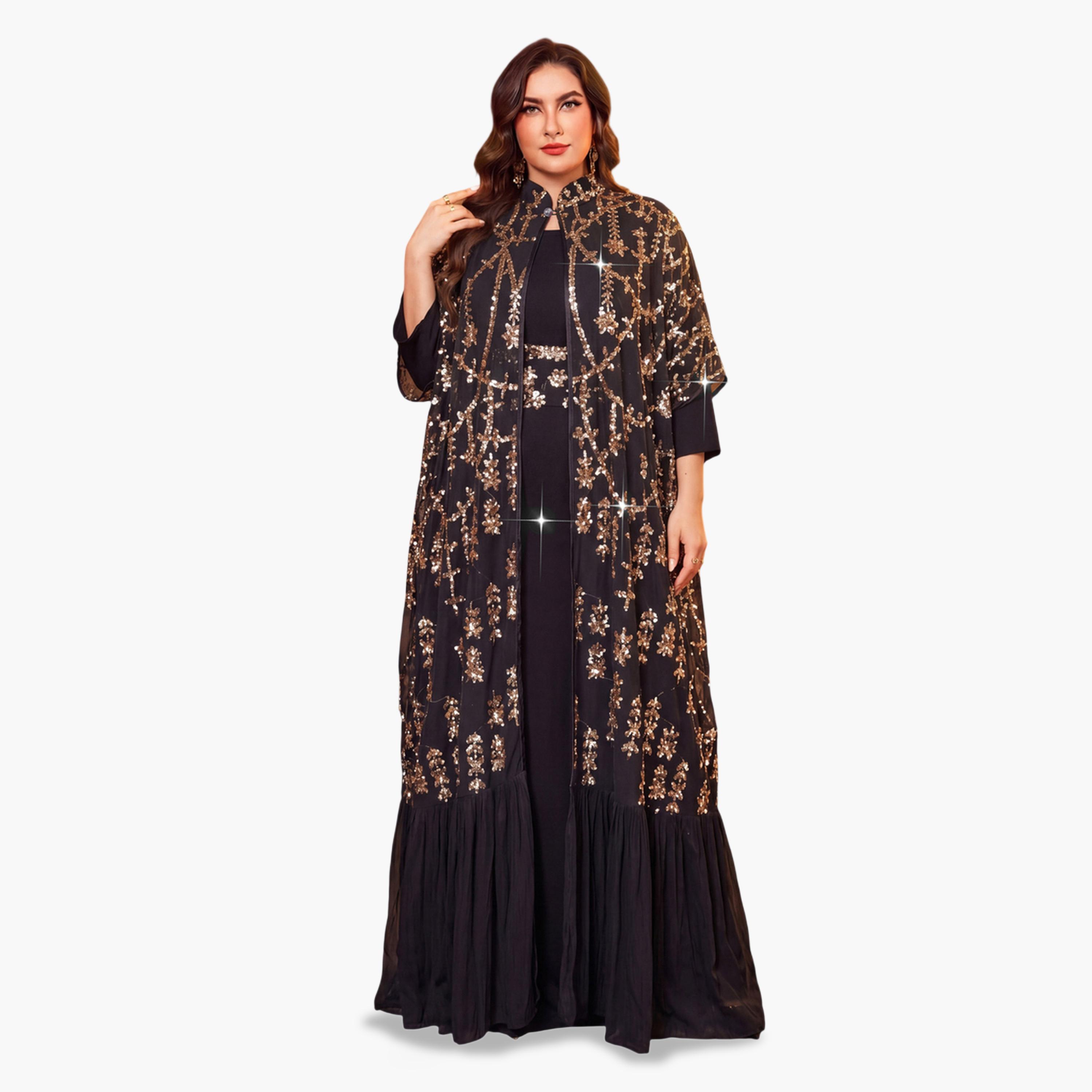 SUPGIR X Styli Plus Size Black Sequined Cape and Maxi Dress Co-Ord Set-women-clothing-coordsets-image-1