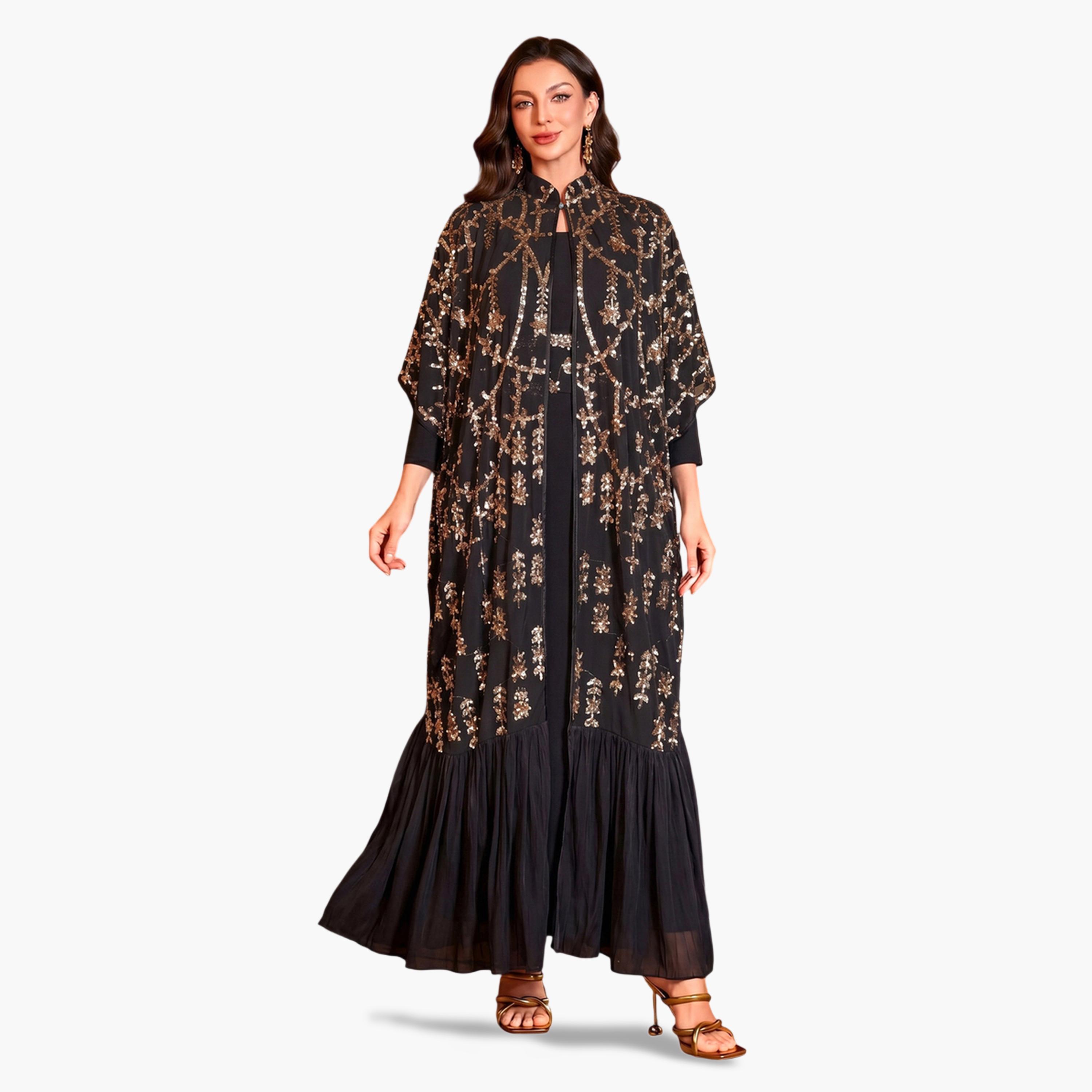 سوبر جير × ستايلي - طقم مكون من عباءة سوداء مرصعة بالترتر وفستان طويل-women-clothing-coordsets-image-1