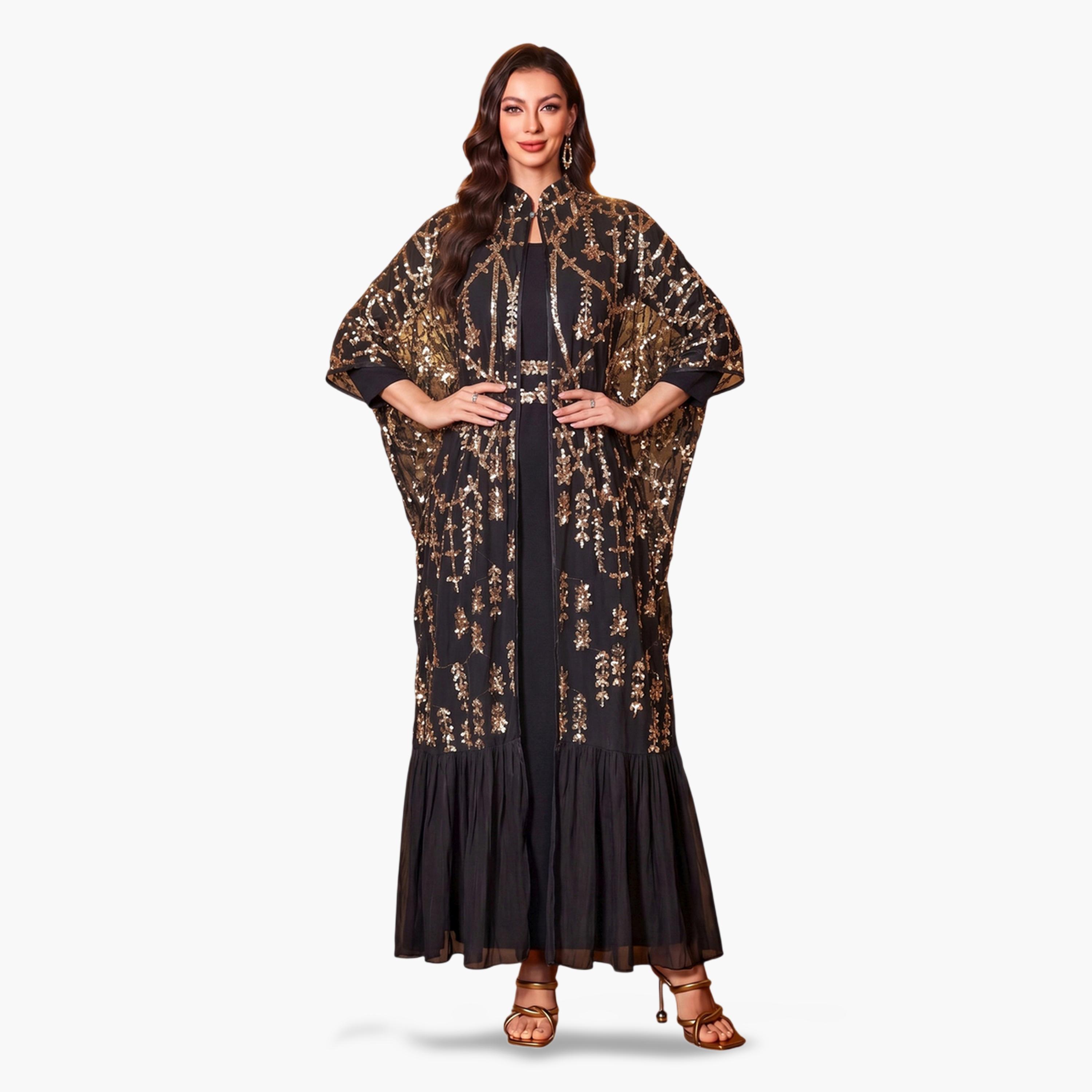سوبر جير × ستايلي - طقم مكون من عباءة سوداء مرصعة بالترتر وفستان طويل-women-clothing-coordsets-image-3