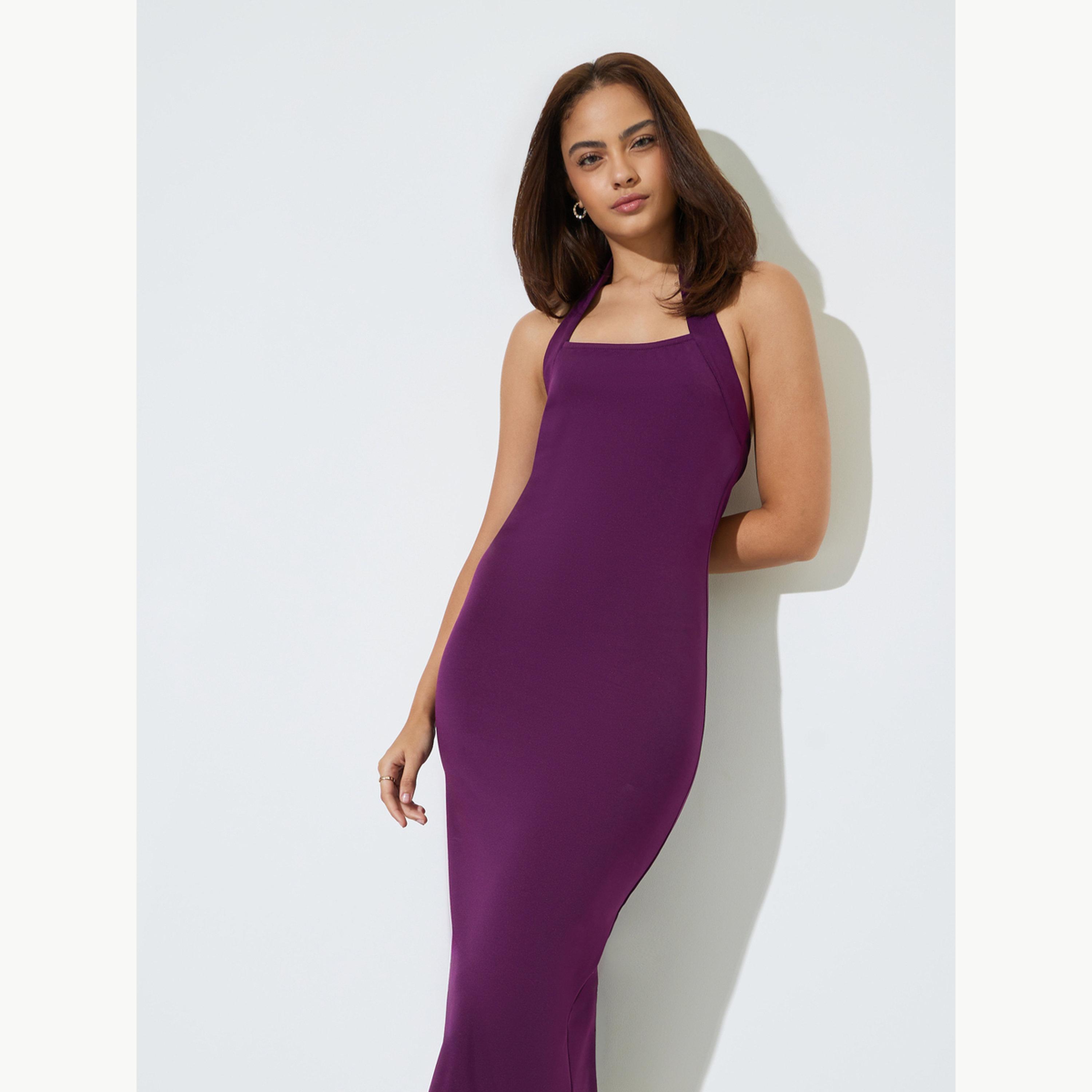 Styli Purple Halter Neck Sheath Midi Dress-women-clothing-dresses-image-2
