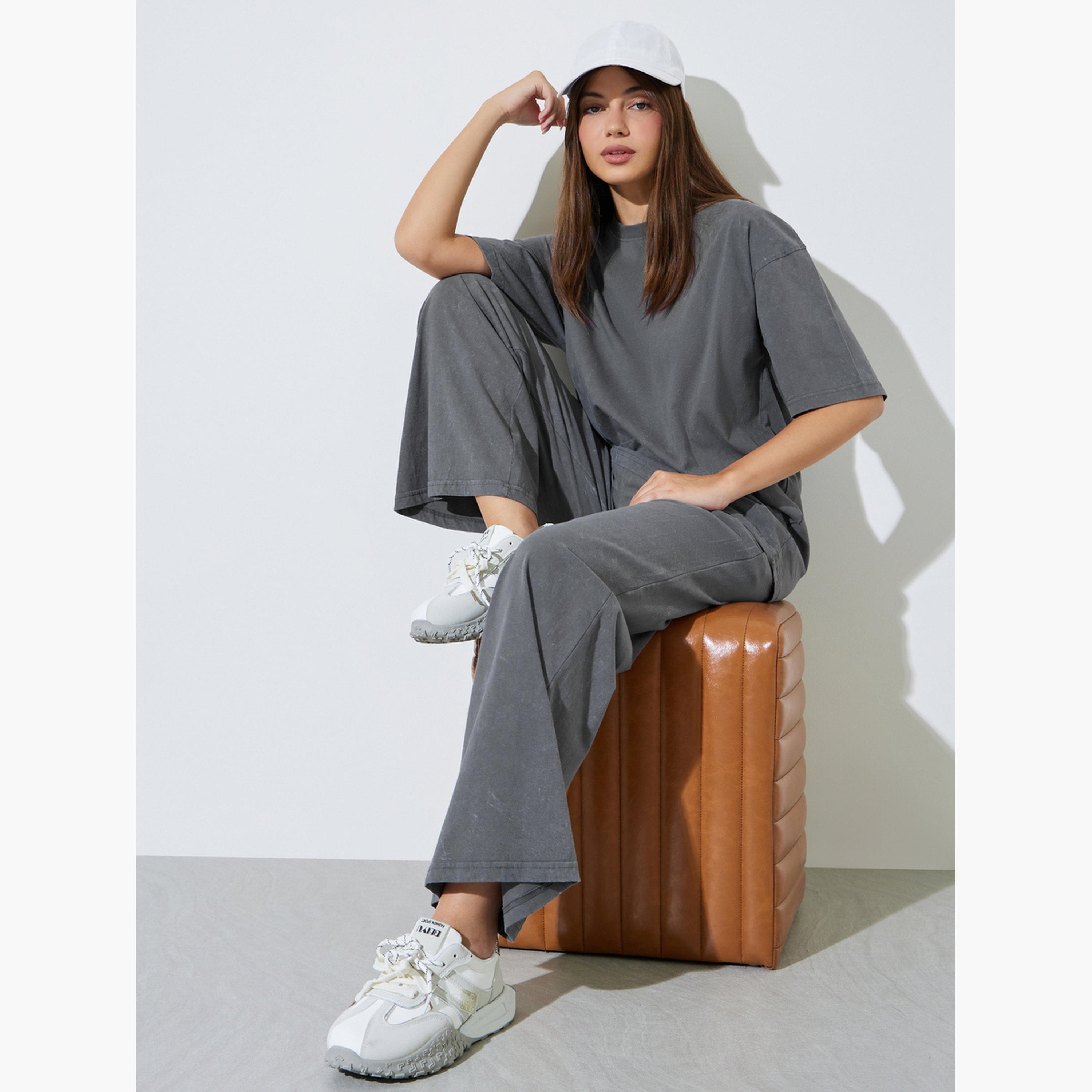 Styli Grey Acid Washed Oversized T-Shirt and Joggers Co-Ord Set-women-clothing-coordsets-image-2