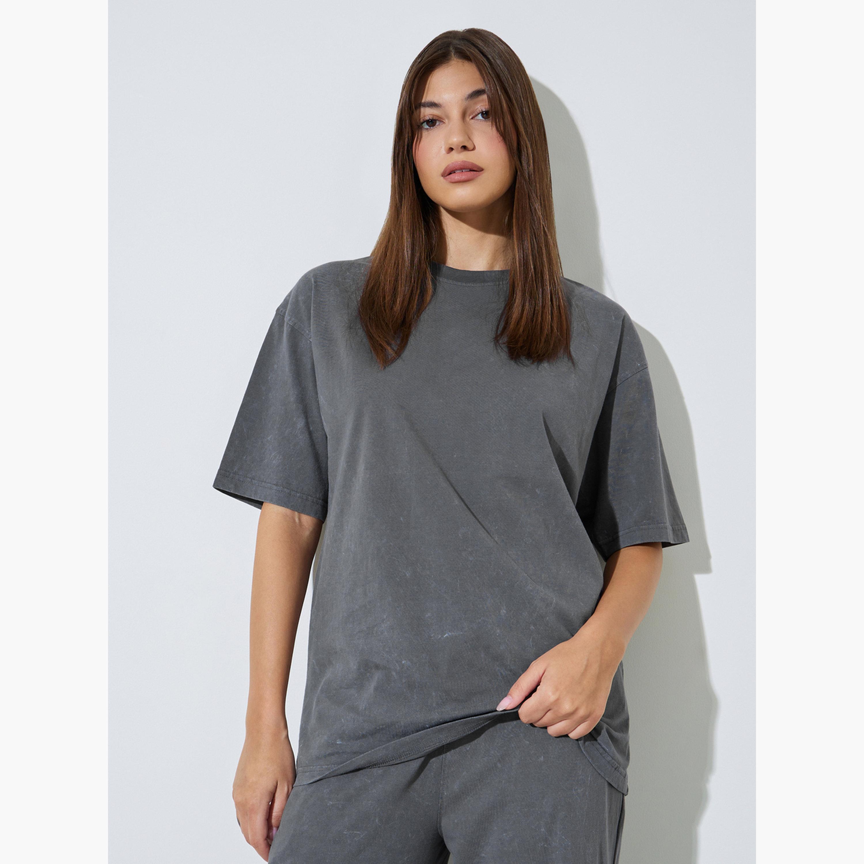 Styli Grey Acid Washed Oversized T-Shirt and Joggers Co-Ord Set-women-clothing-coordsets-image-3