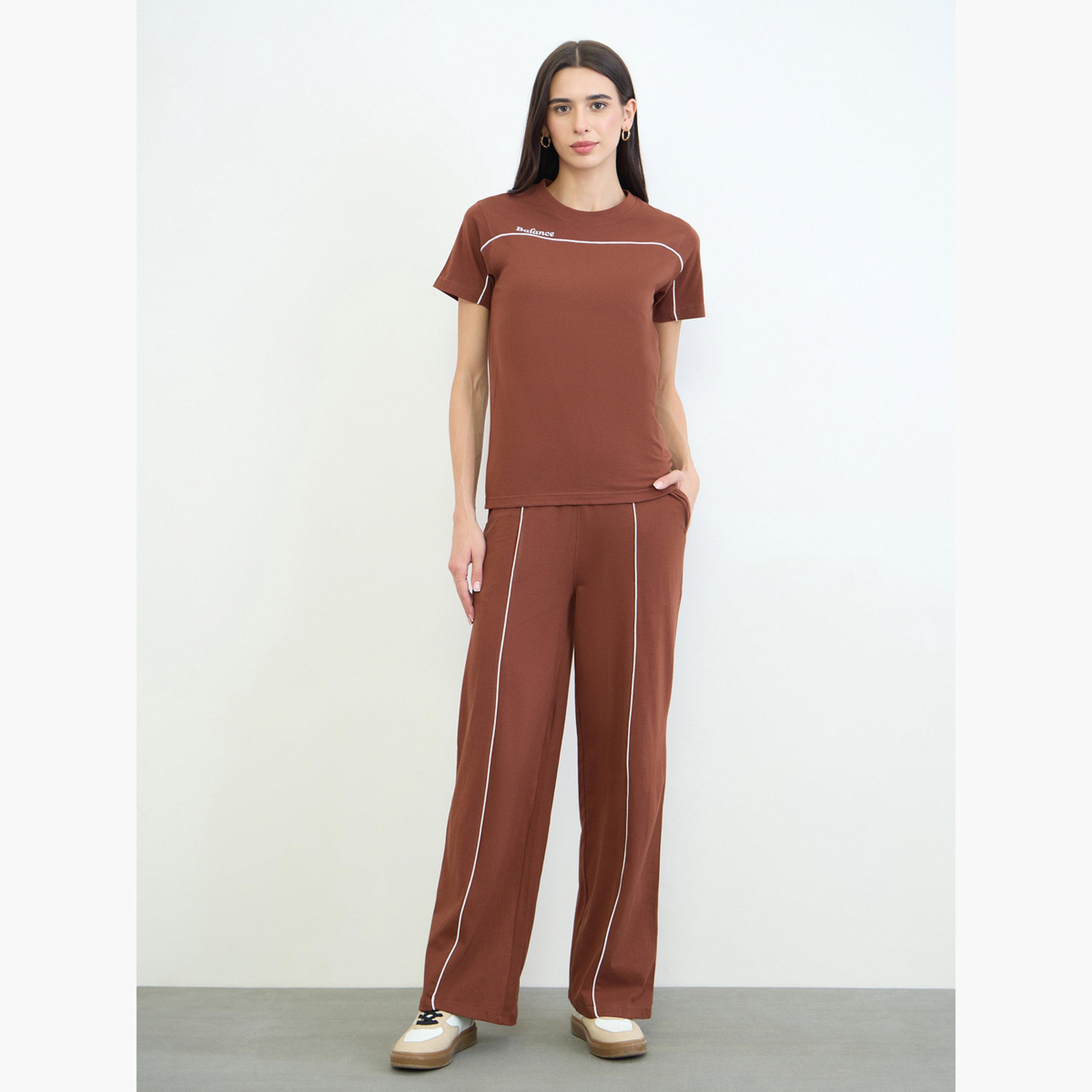 Styli Brown Piping Detail Cotton T-Shirt and Joggers Set-women-clothing-coordsets-image-1