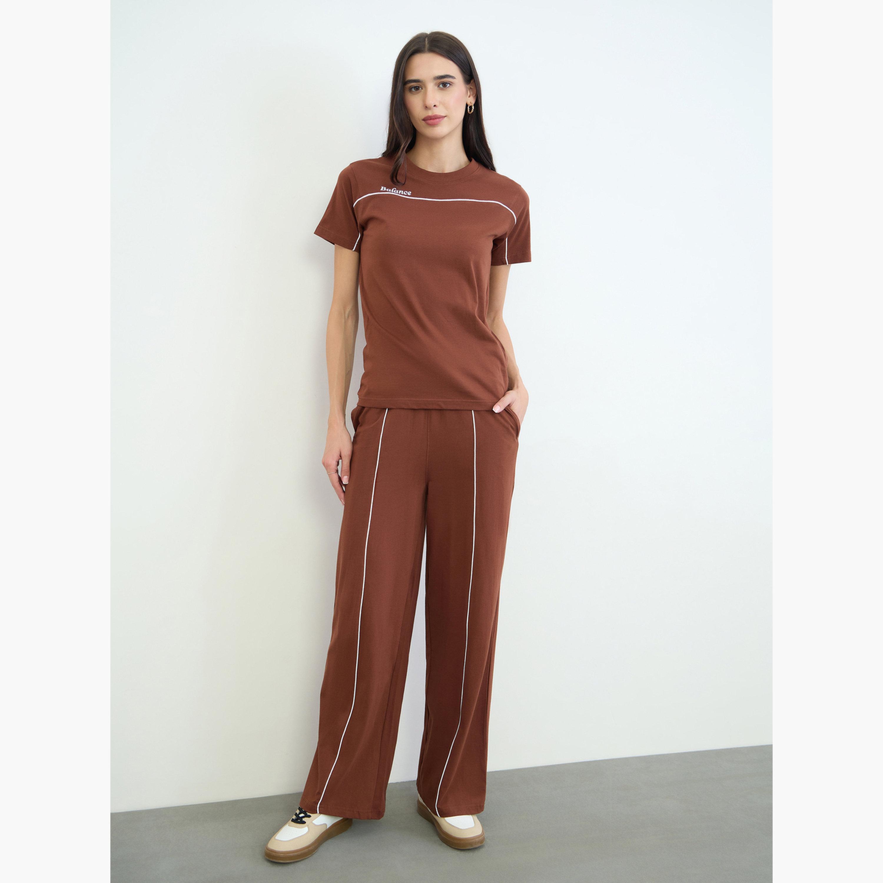 Styli Brown Piping Detail Cotton T-Shirt and Joggers Set-women-clothing-coordsets-image-2