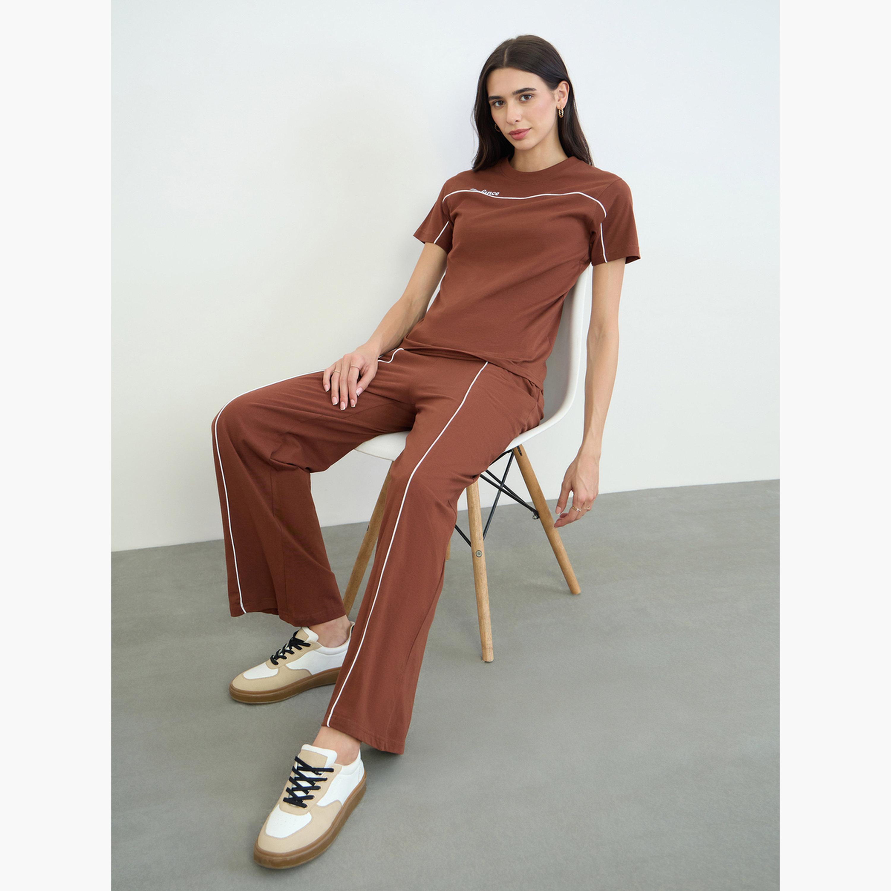 Styli Brown Piping Detail Cotton T-Shirt and Joggers Set-women-clothing-coordsets-image-3