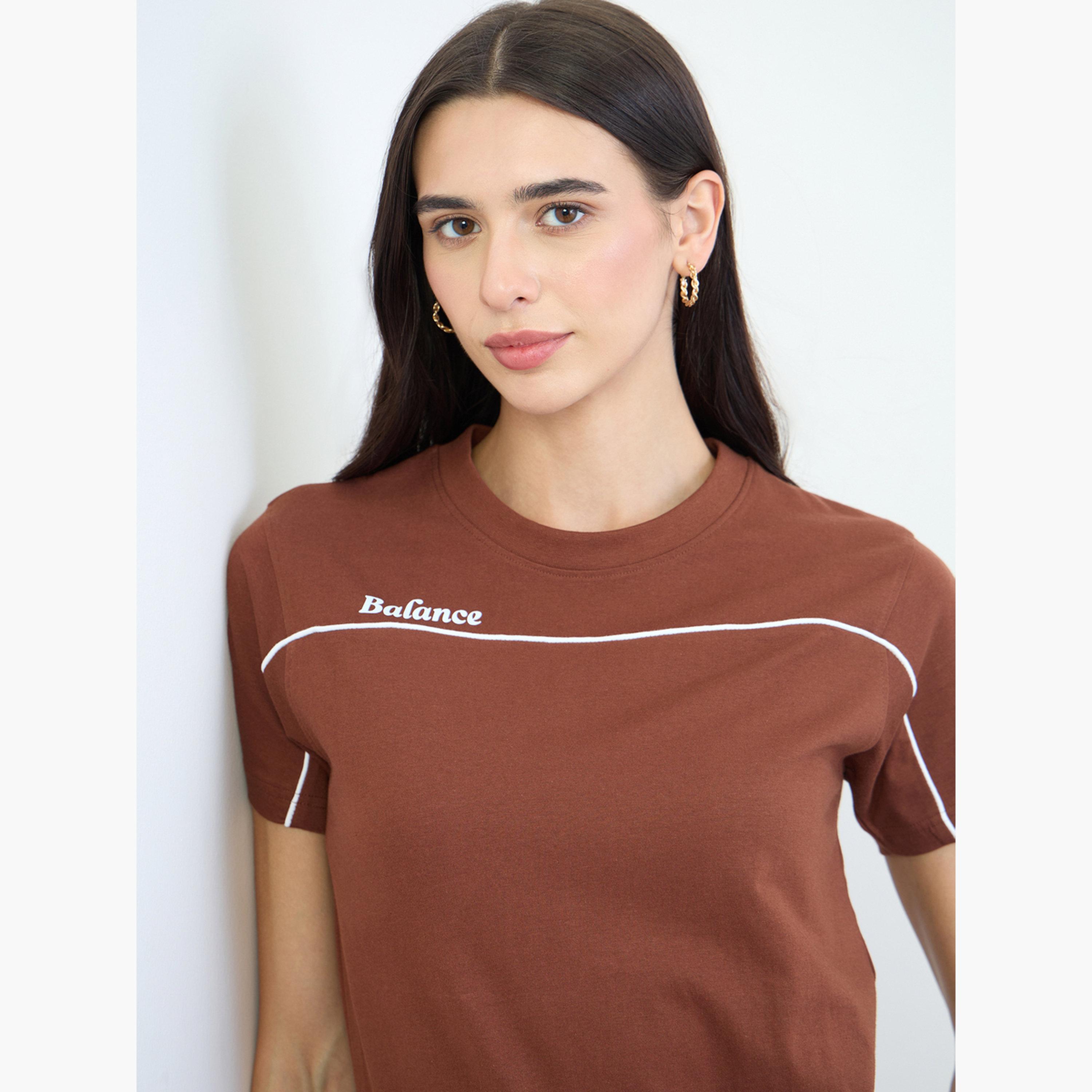 Styli Brown Piping Detail Cotton T-Shirt and Joggers Set-women-clothing-coordsets-image-4