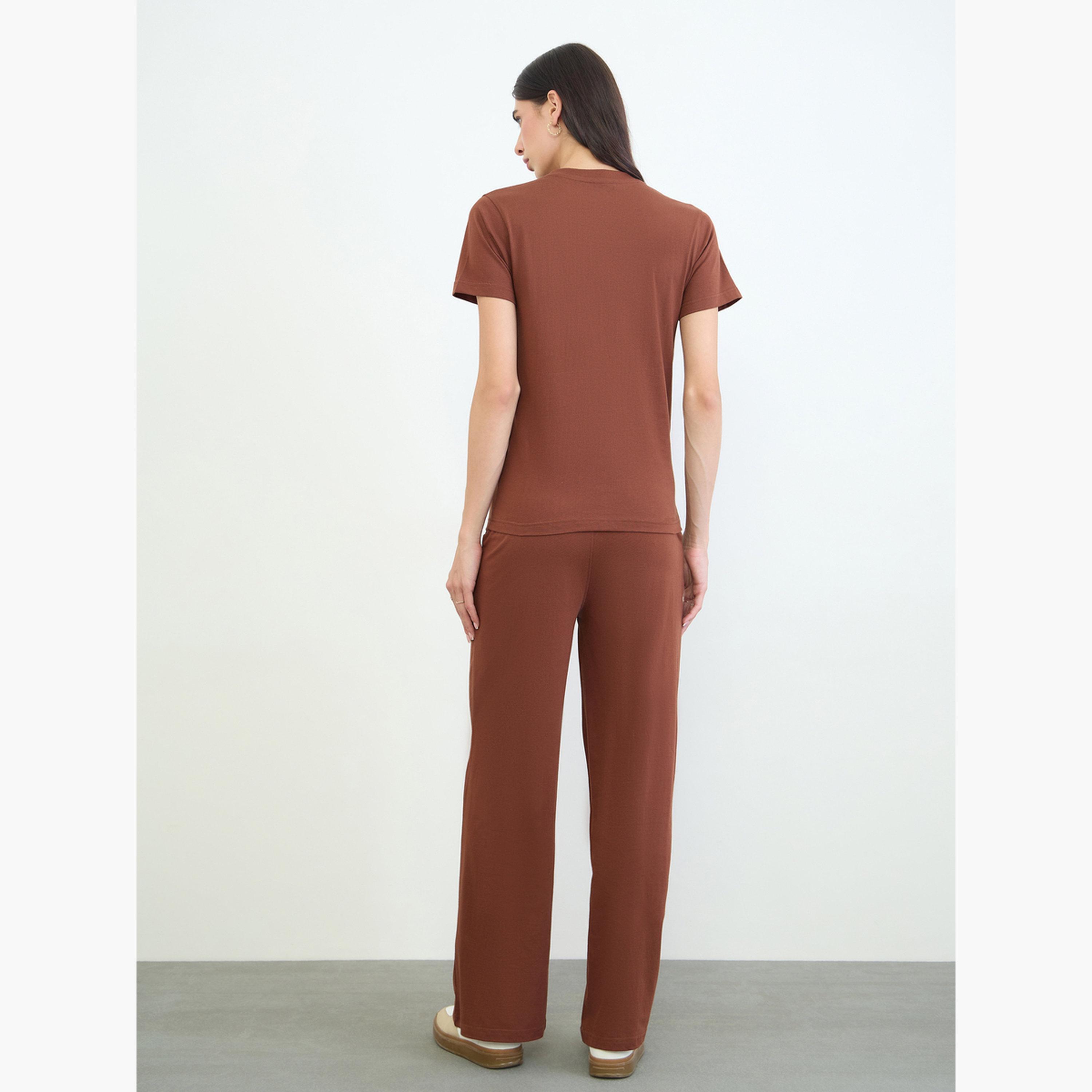 Styli Brown Piping Detail Cotton T-Shirt and Joggers Set-women-clothing-coordsets-image-5
