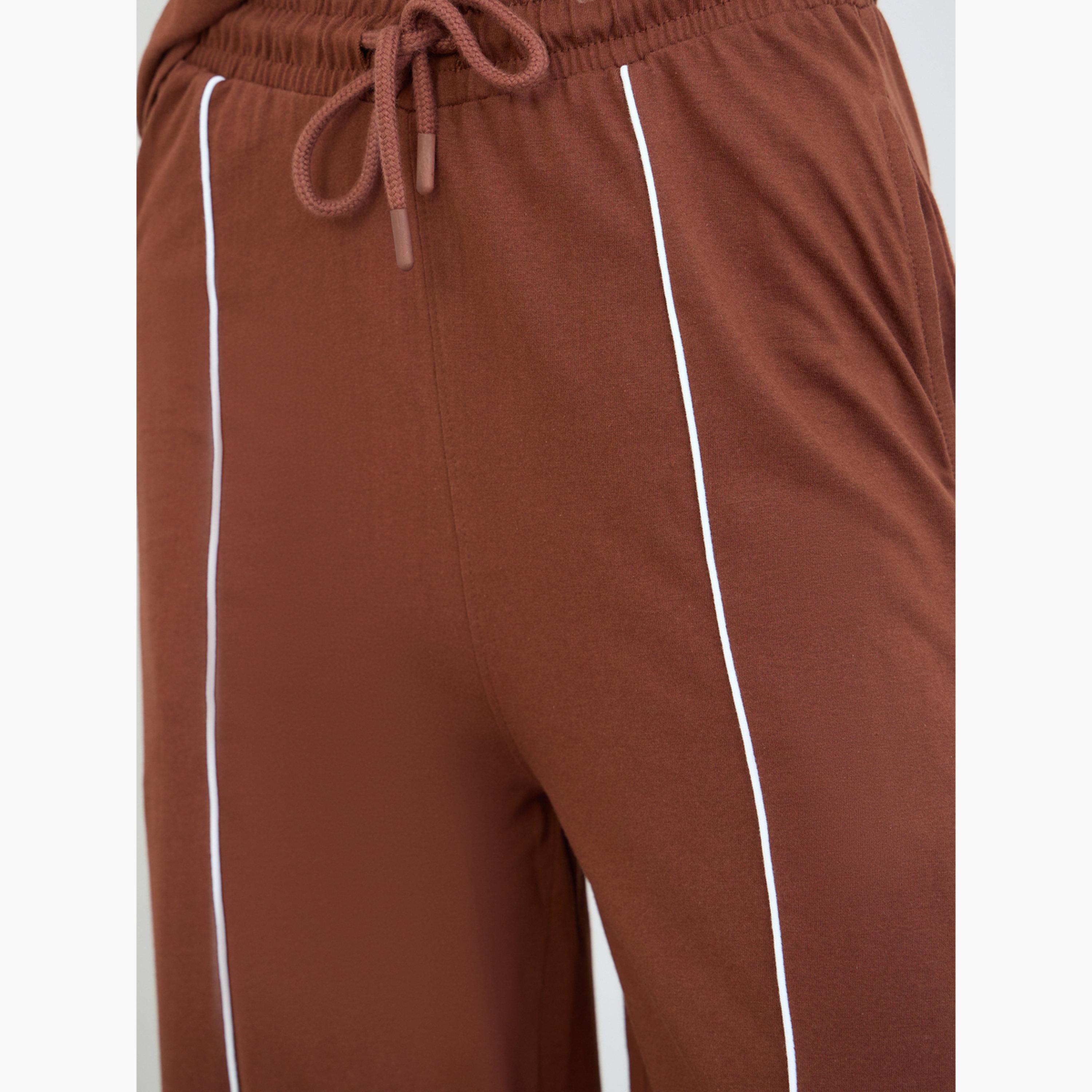 Styli Brown Piping Detail Cotton T-Shirt and Joggers Set-women-clothing-coordsets-image-6