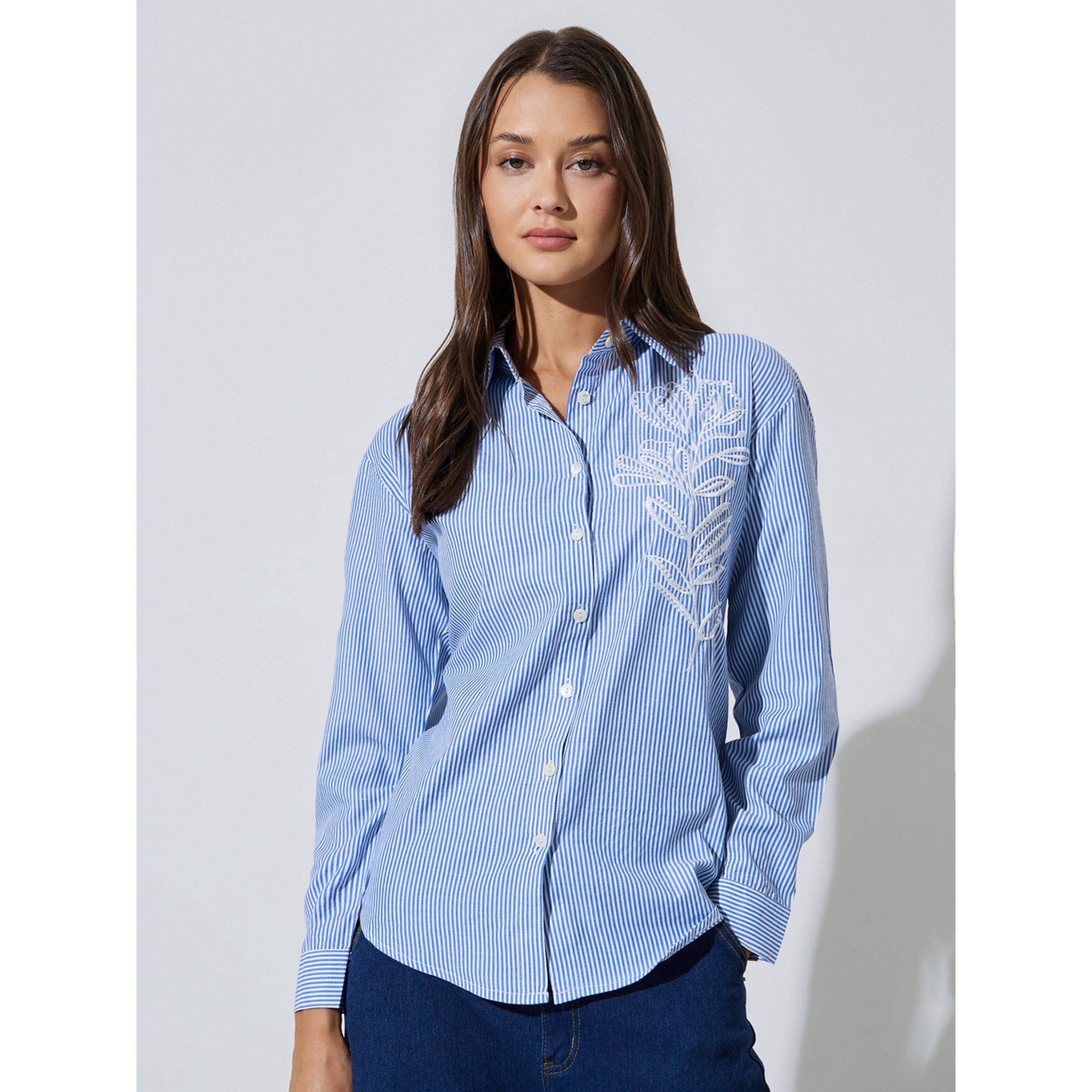 Styli Blue Striped Floral Embroidery Oversized Shirt-women-clothing-shirtsandblouses-shirts-image-1