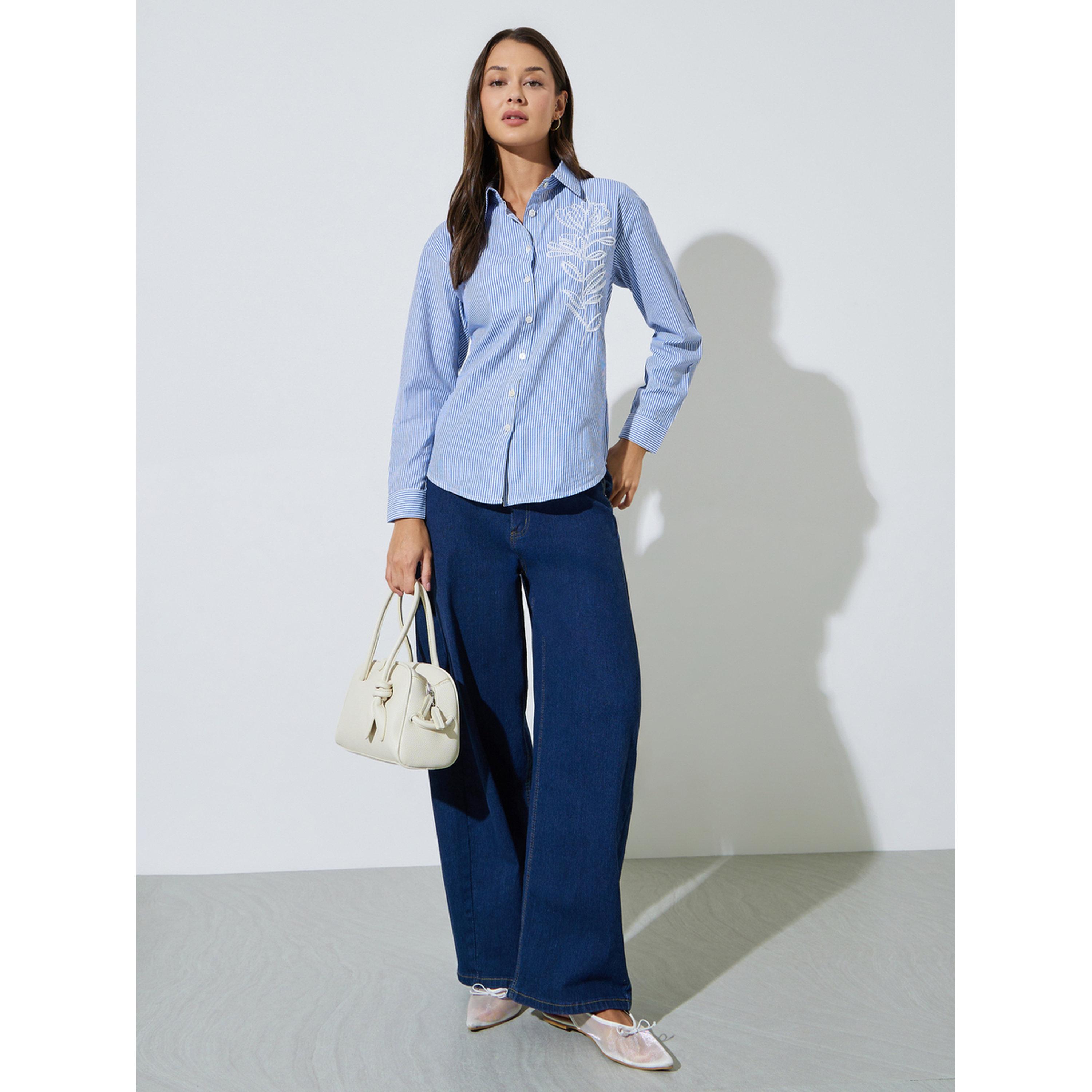 Styli Blue Striped Floral Embroidery Oversized Shirt-women-clothing-shirtsandblouses-shirts-image-2