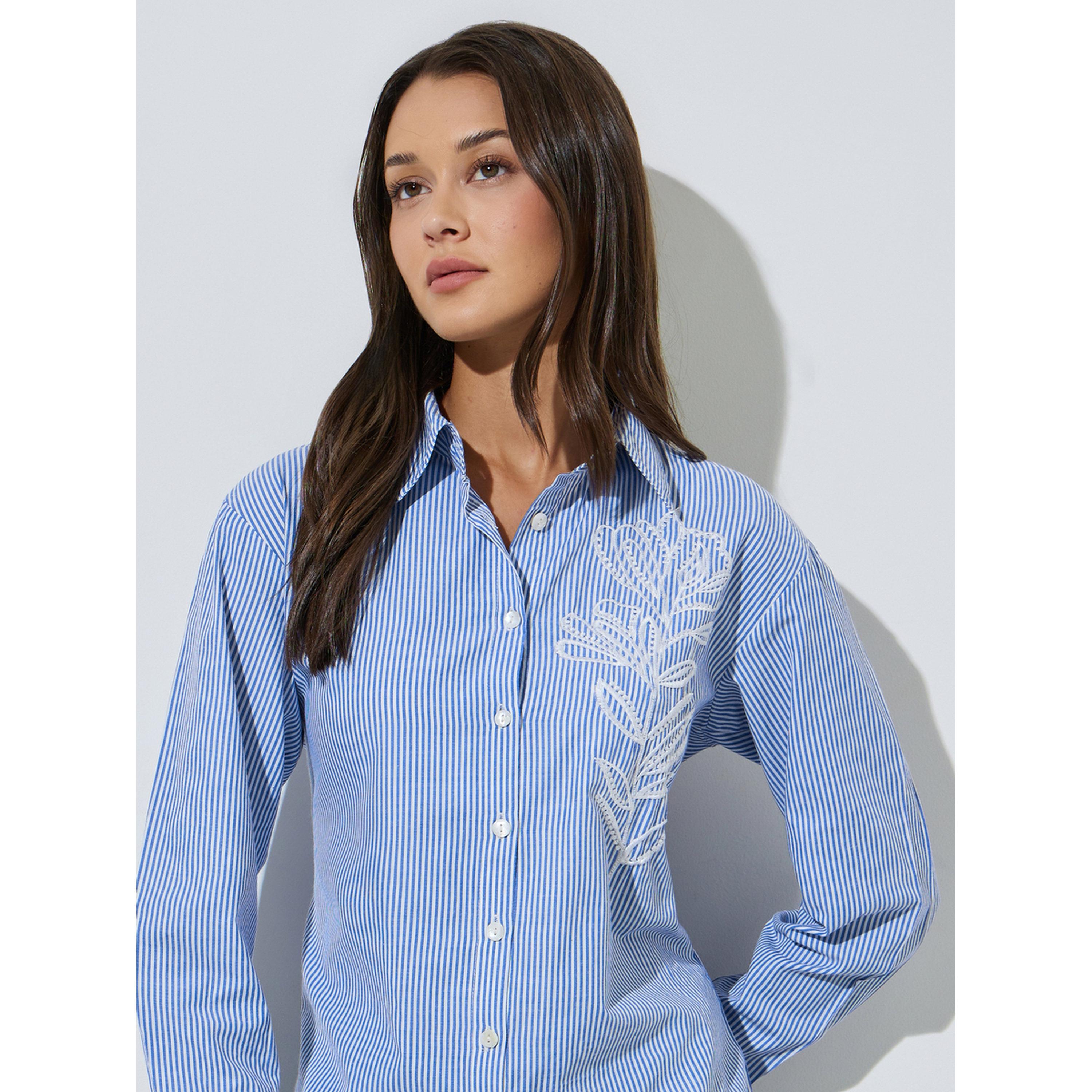Styli Blue Striped Floral Embroidery Oversized Shirt-women-clothing-shirtsandblouses-shirts-image-3