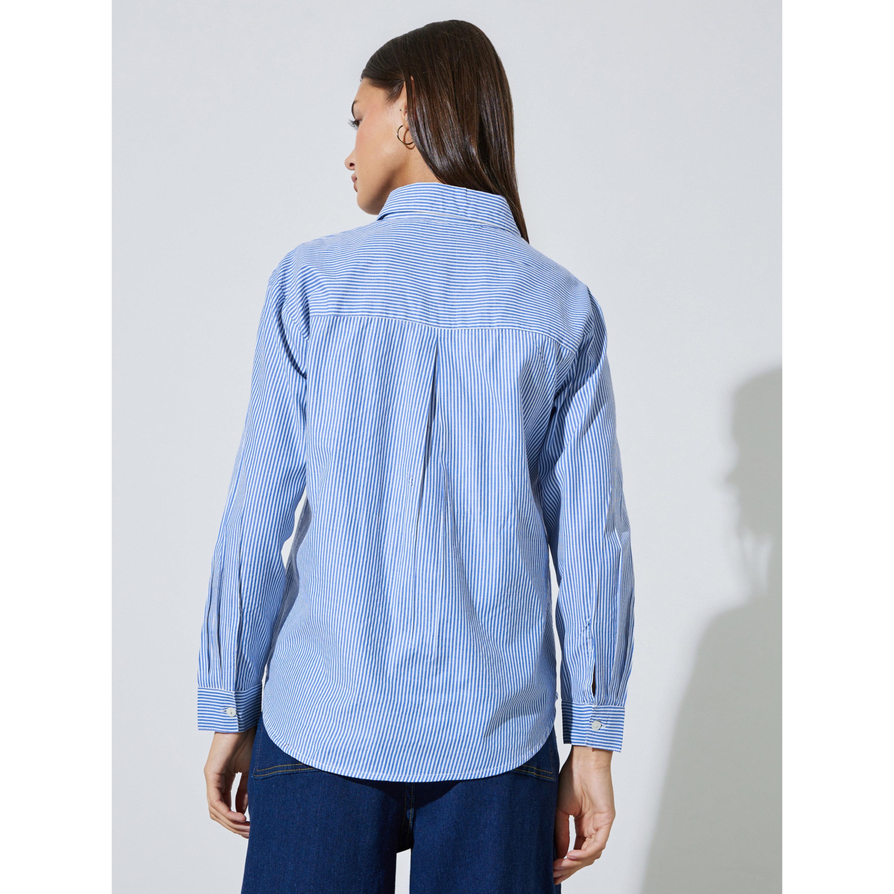 Styli Blue Striped Floral Embroidery Oversized Shirt-women-clothing-shirtsandblouses-shirts-image-4