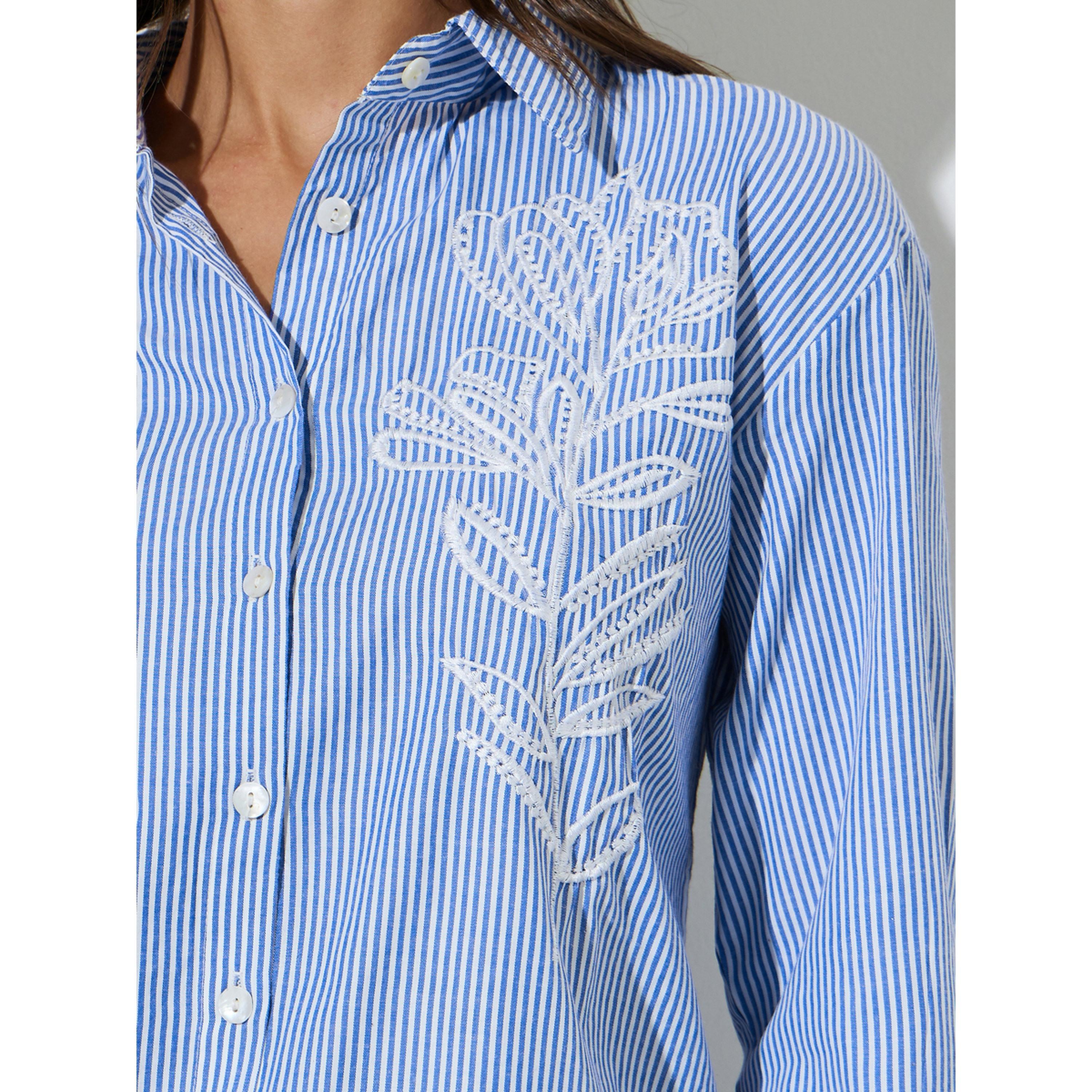 Styli Blue Striped Floral Embroidery Oversized Shirt-women-clothing-shirtsandblouses-shirts-image-5