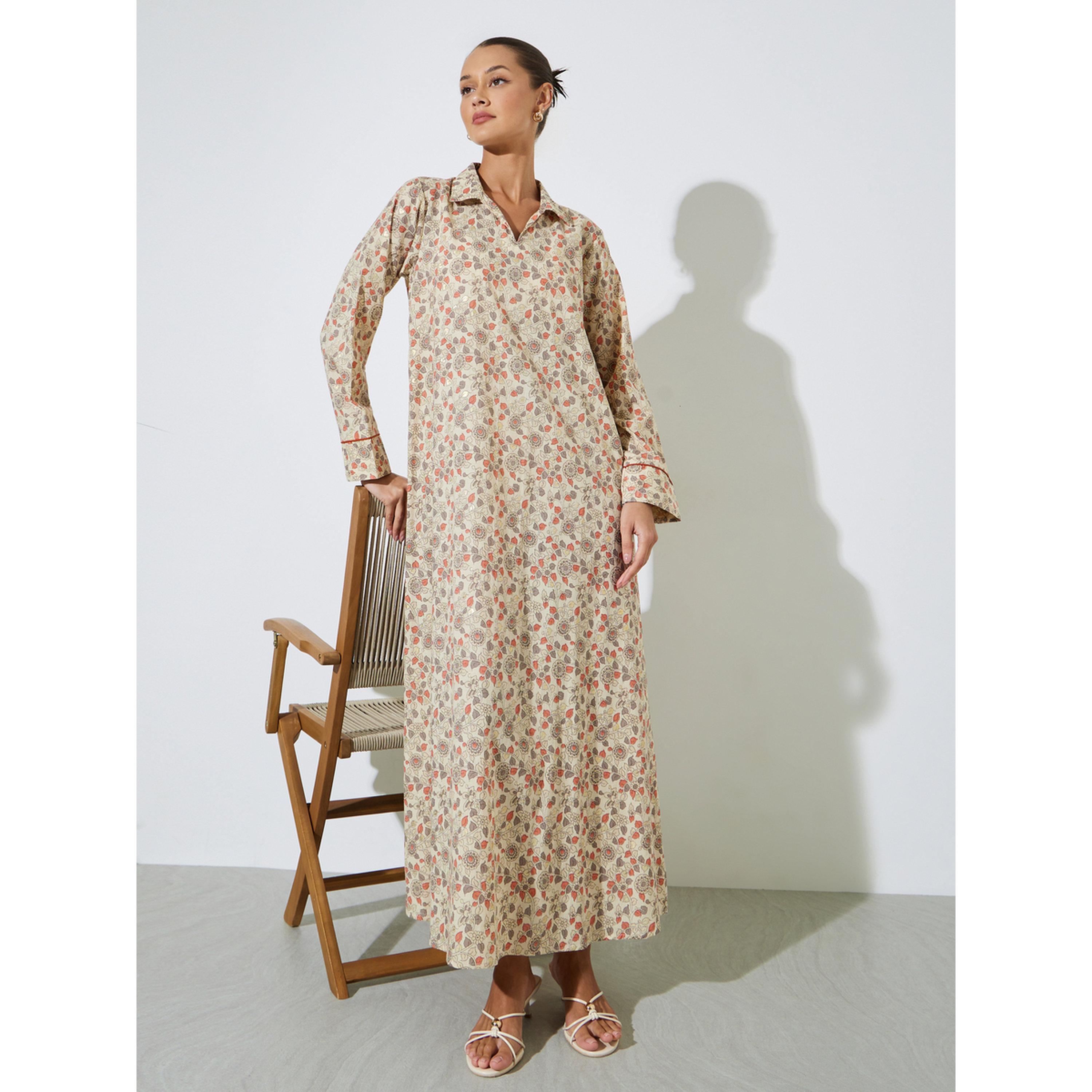 Amirah X Styli Multi-Color All Over Floral Print Collared Maxi Jalabiya-women-arabicclothing-jalabiyas-image-1