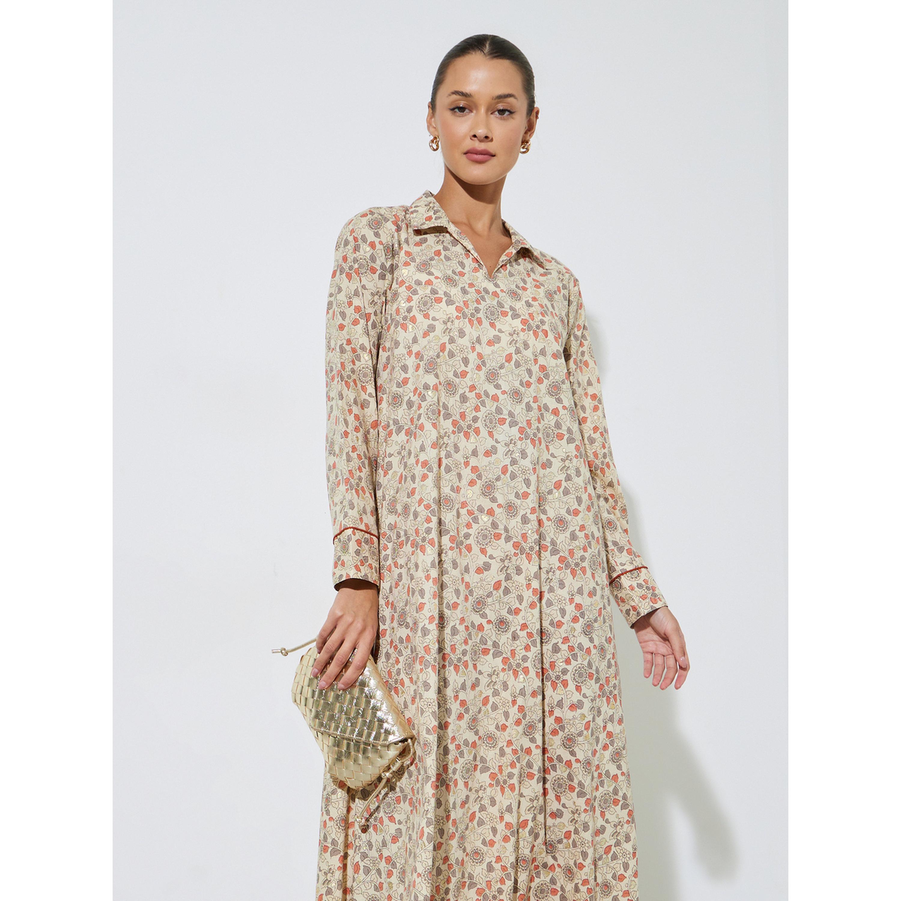 Amirah X Styli Multi-Color All Over Floral Print Collared Maxi Jalabiya-women-arabicclothing-jalabiyas-image-2