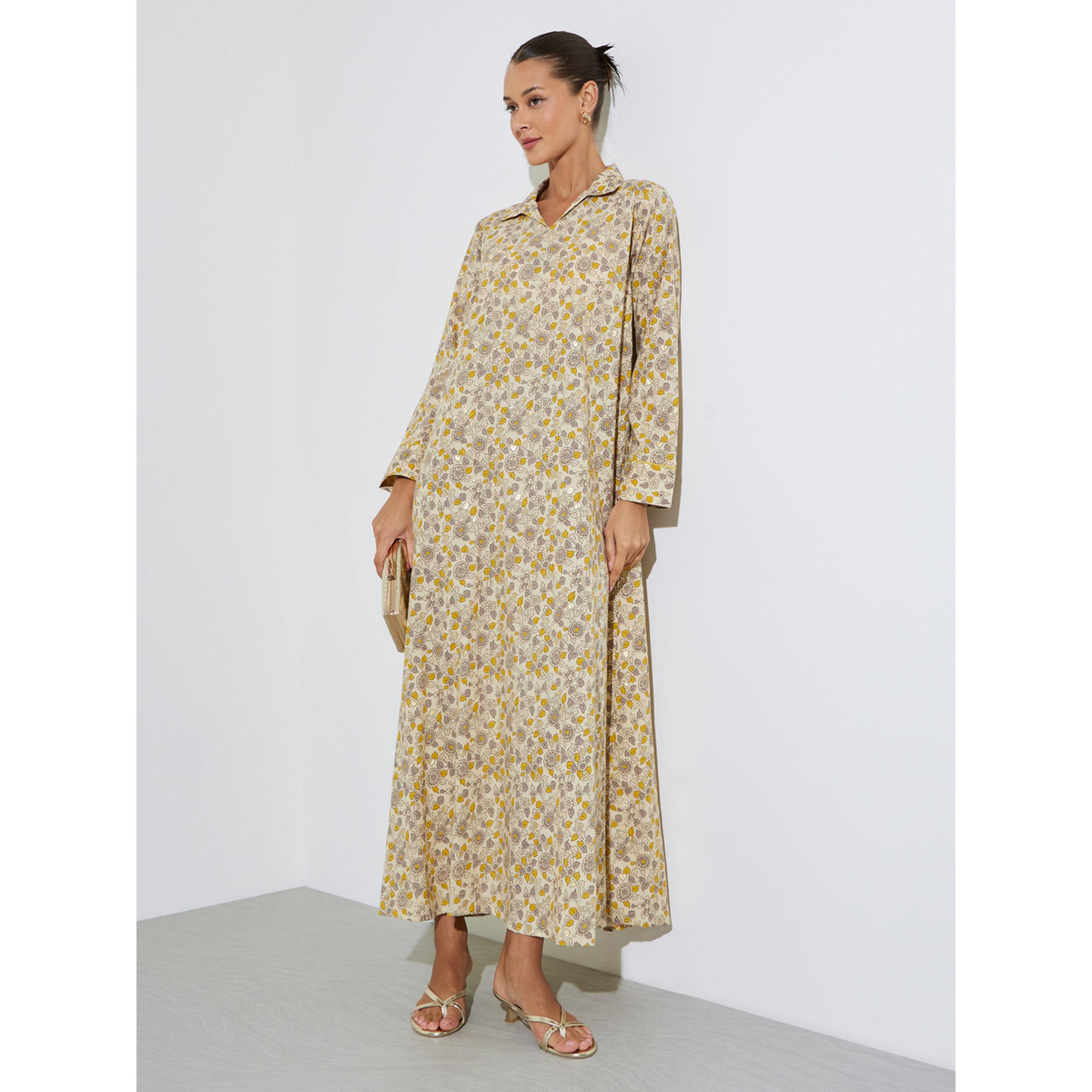 Amirah X Styli Multi-Color All Over Floral Print Collared Maxi Jalabiya-women-arabicclothing-jalabiyas-image-1