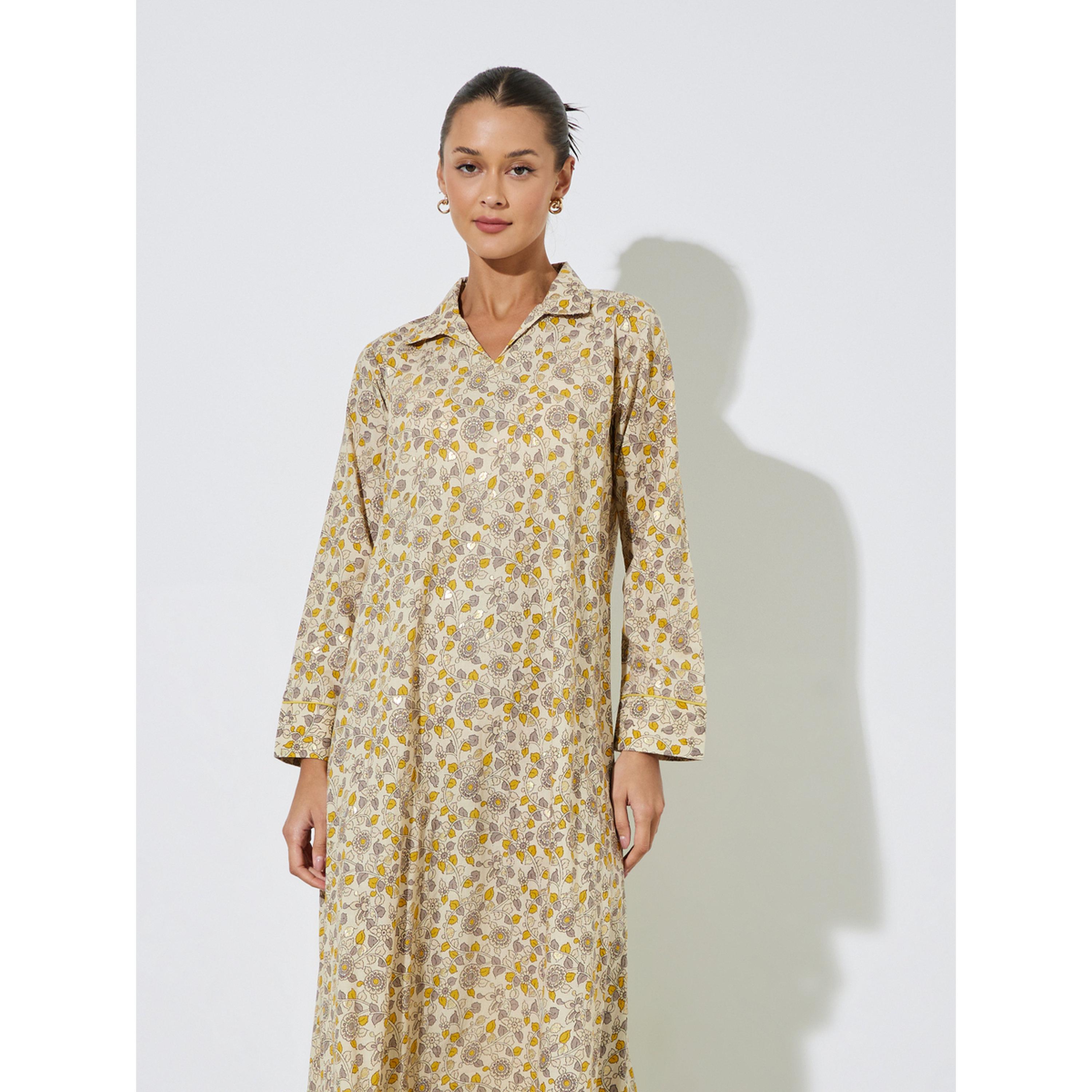 Amirah X Styli Multi-Color All Over Floral Print Collared Maxi Jalabiya-women-arabicclothing-jalabiyas-image-2